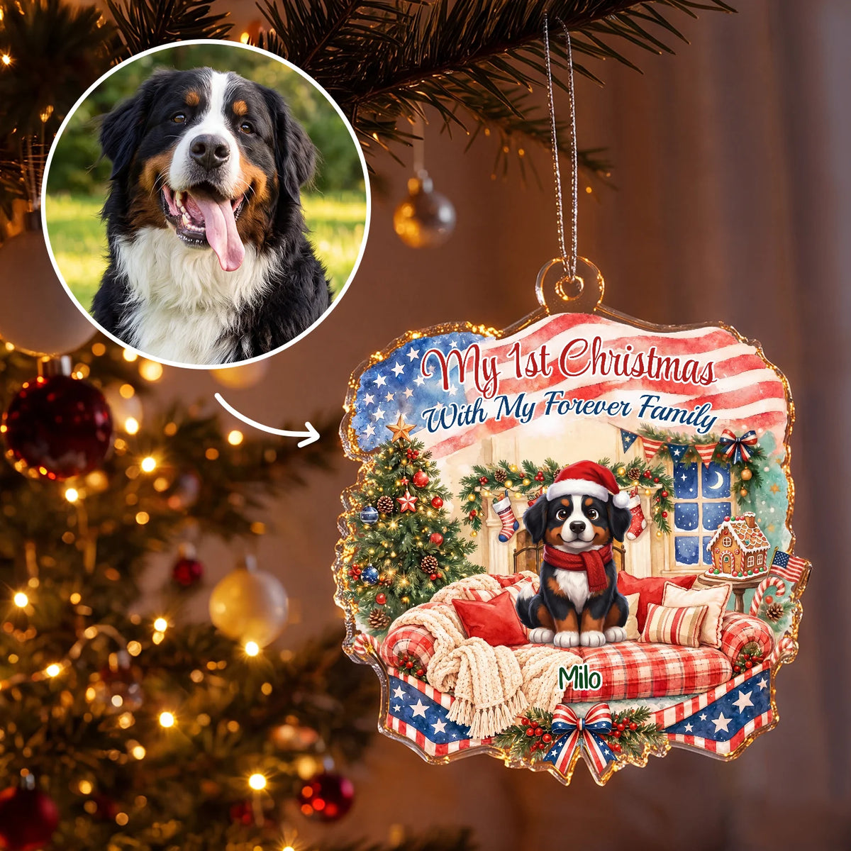 Personalized Christmas ornament "My Forever Family" as a gift for dog lovers: Bernese Mountain Dog from a photo as a cartoon on a plaid sofa with the name Milo, hey balu