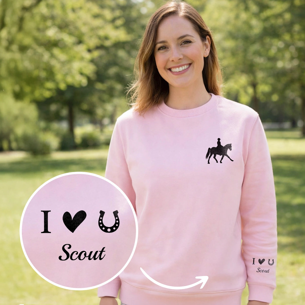 Personalisierter Sweater "Pferd" (mit Ärmeldruck) – personalisiertes Geschenk