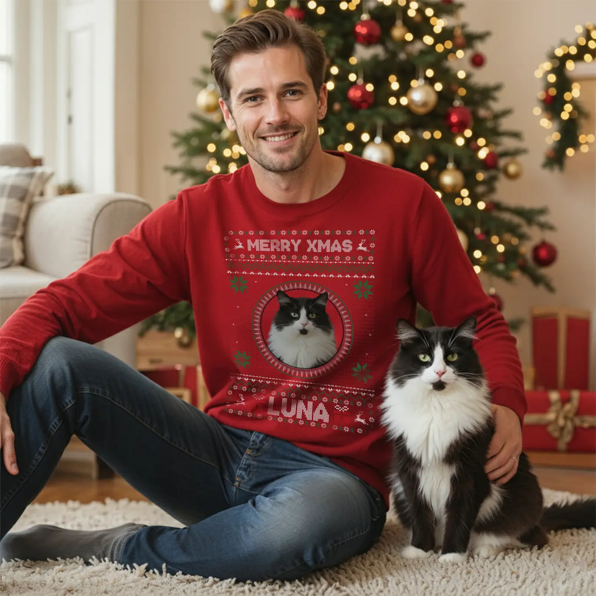 Personalized Christmas Sweater with Cat Photo