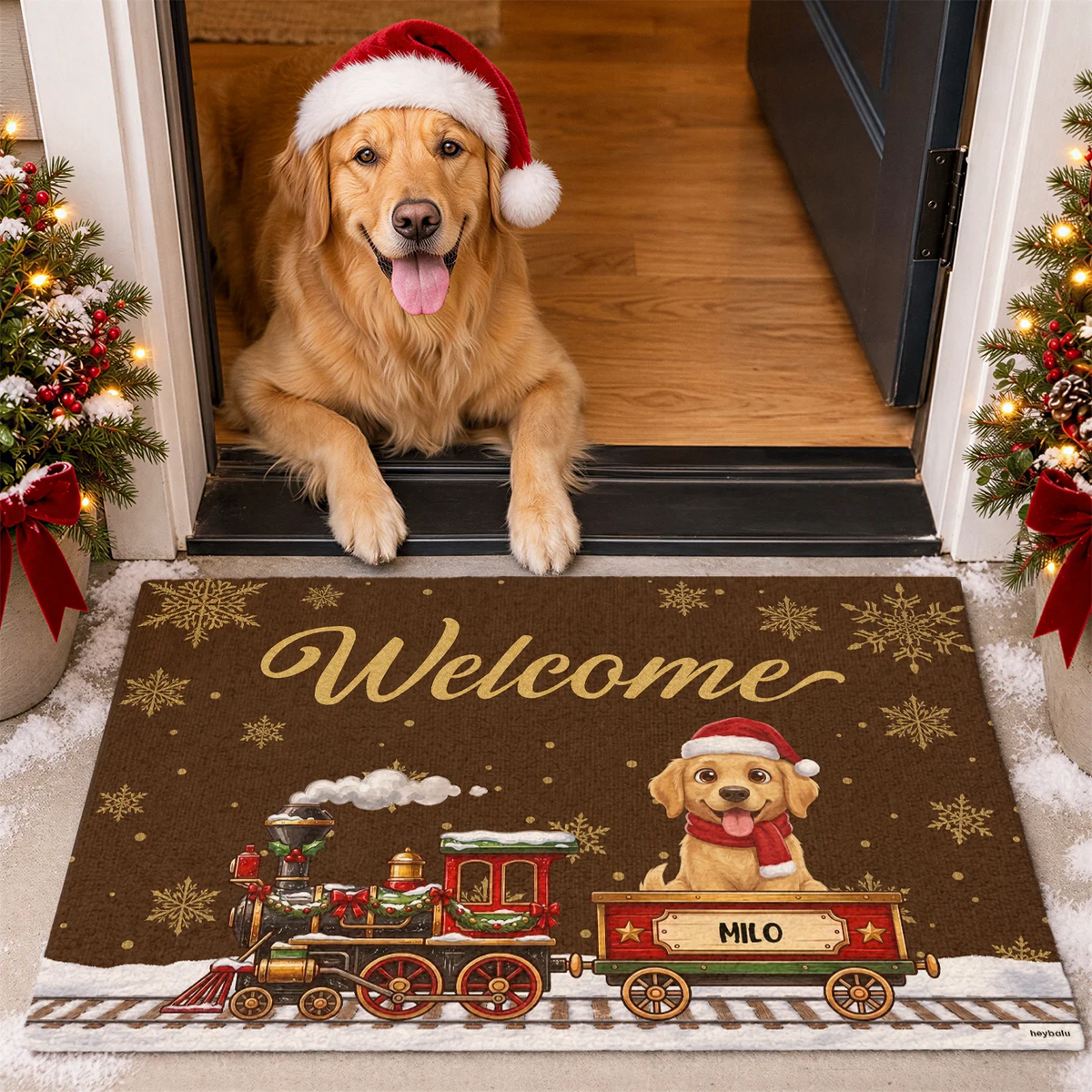 Personalized Doormat "Christmas Train Dog"