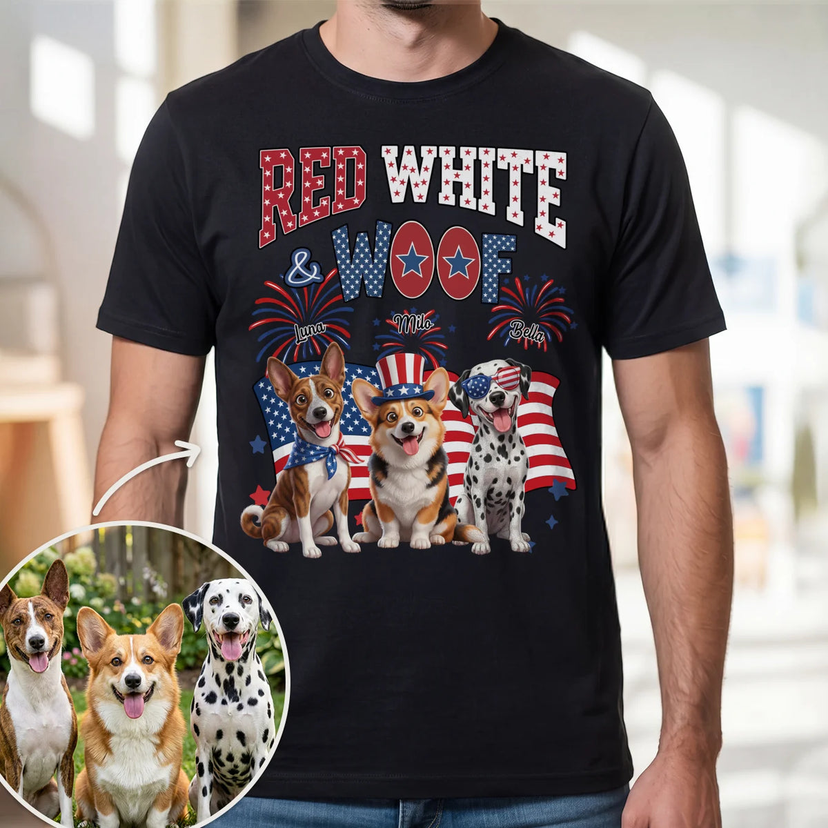 Personalisiertes T-Shirt "Red White Woof" – personalisiertes Geschenk