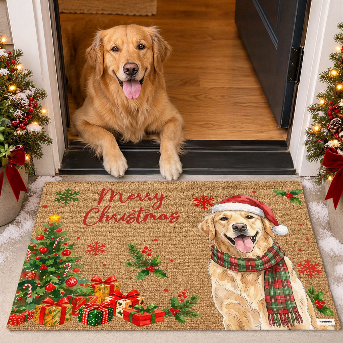 Personalized Christmas doormat "Dog Photo Christmas" as a gift for dog owners: golden retriever illustration with Santa hat and plaid scarf next to a Christmas tree and Merry Christmas lettering, hey balu