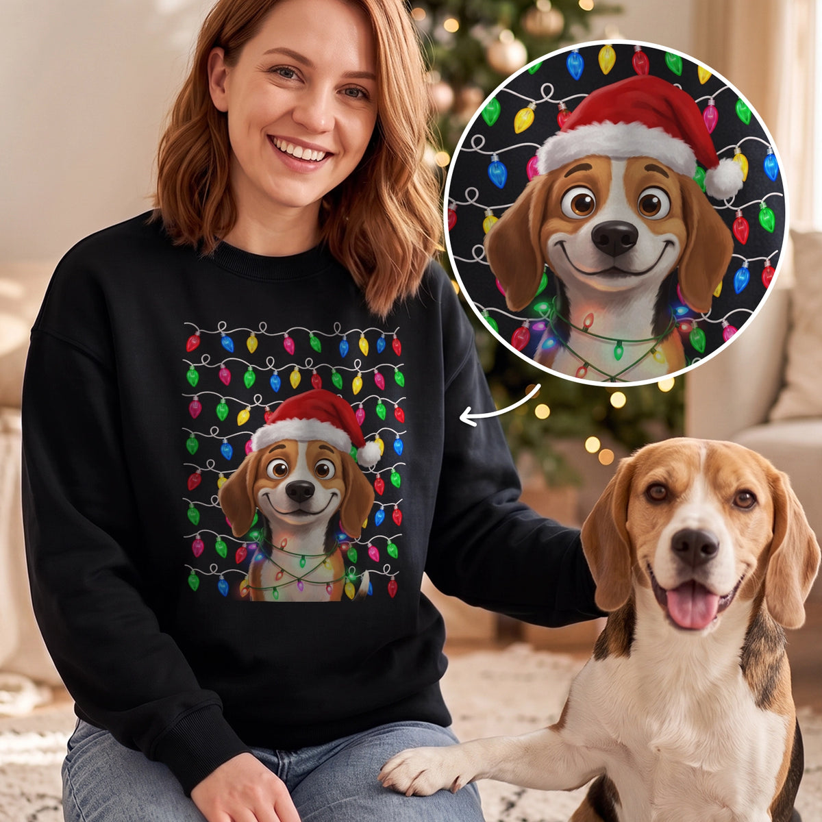 Personalized Christmas sweater "Pet Photo Christmas Lights" as a gift for dog lovers: black Christmas sweater with a beagle as a cartoon in a Santa hat and colorful Christmas lights, hey balu