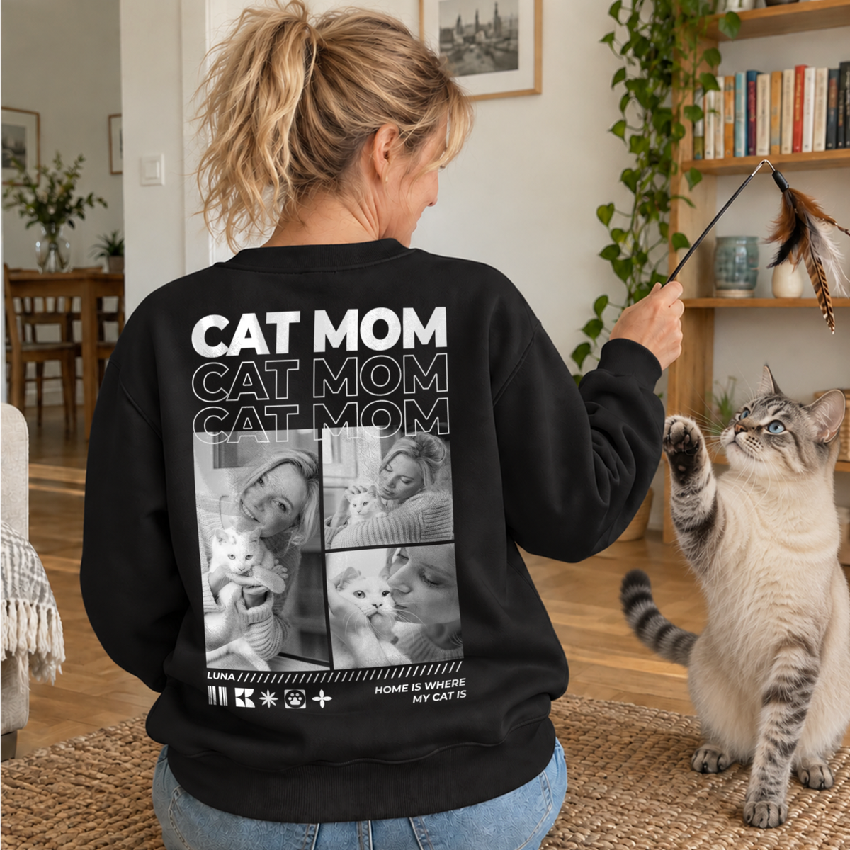 Personalized Sweater "Cat Mom" as a gift for cat moms: black sweater back with CAT MOM lettering, photo collage and names – hey balu