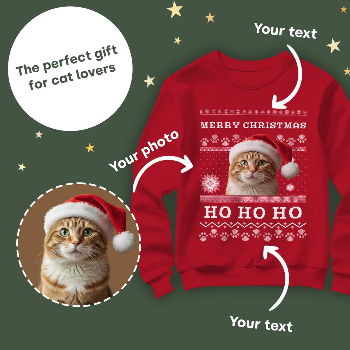 Personalized Christmas Sweater "Ho Ho Ho" with Cat Photo