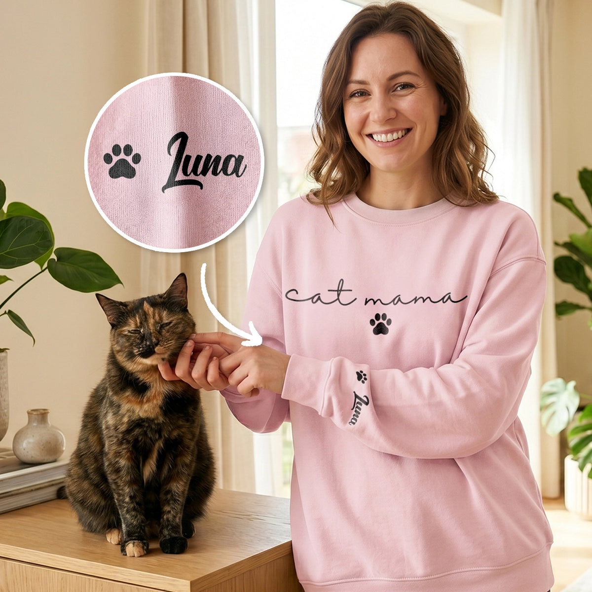 Personalisierter Sweater "Cat Mom" mit Ärmeldruck – personalisiertes Geschenk