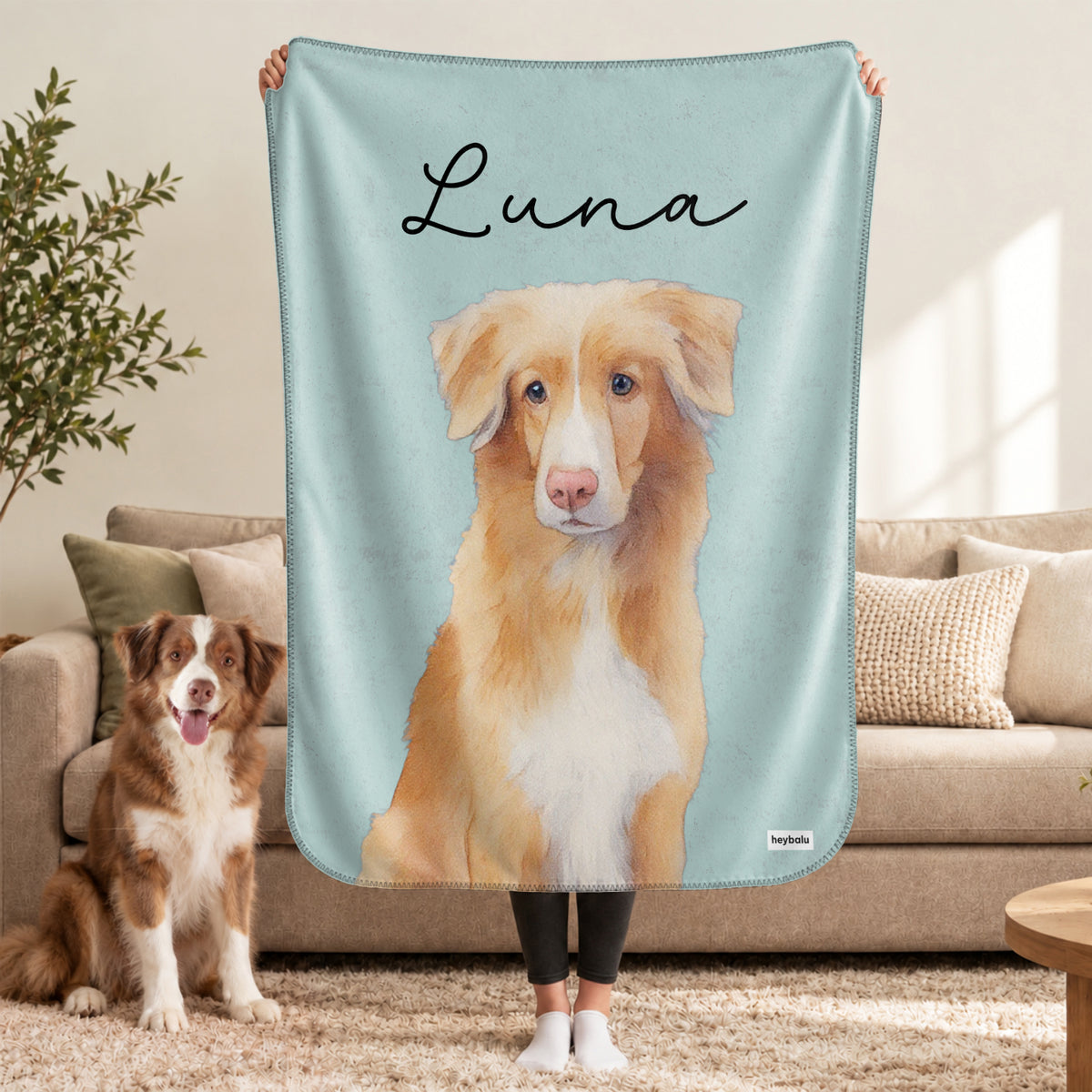 Personalized Blanket "Portrait" as a gift for dog lovers: watercolor-style dog portrait on a mint blanket – hey balu