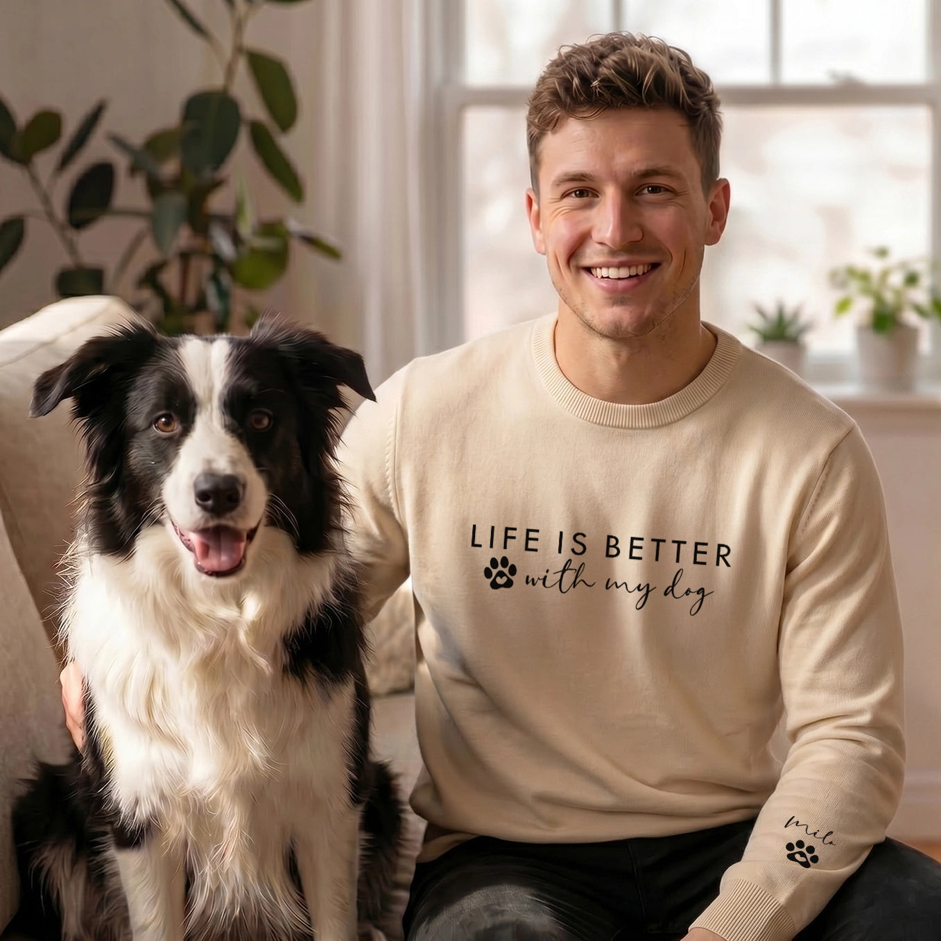 Personalized Sweater "Life is better with my dogs" with Sleeve Print