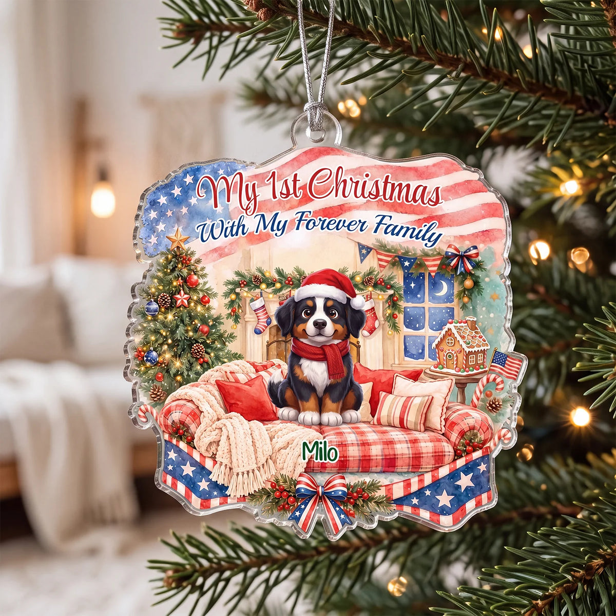 Custom cut acrylic ornament "My 1st Christmas With My Forever Family" with a Bernese Mountain Dog named Milo on the Christmas tree