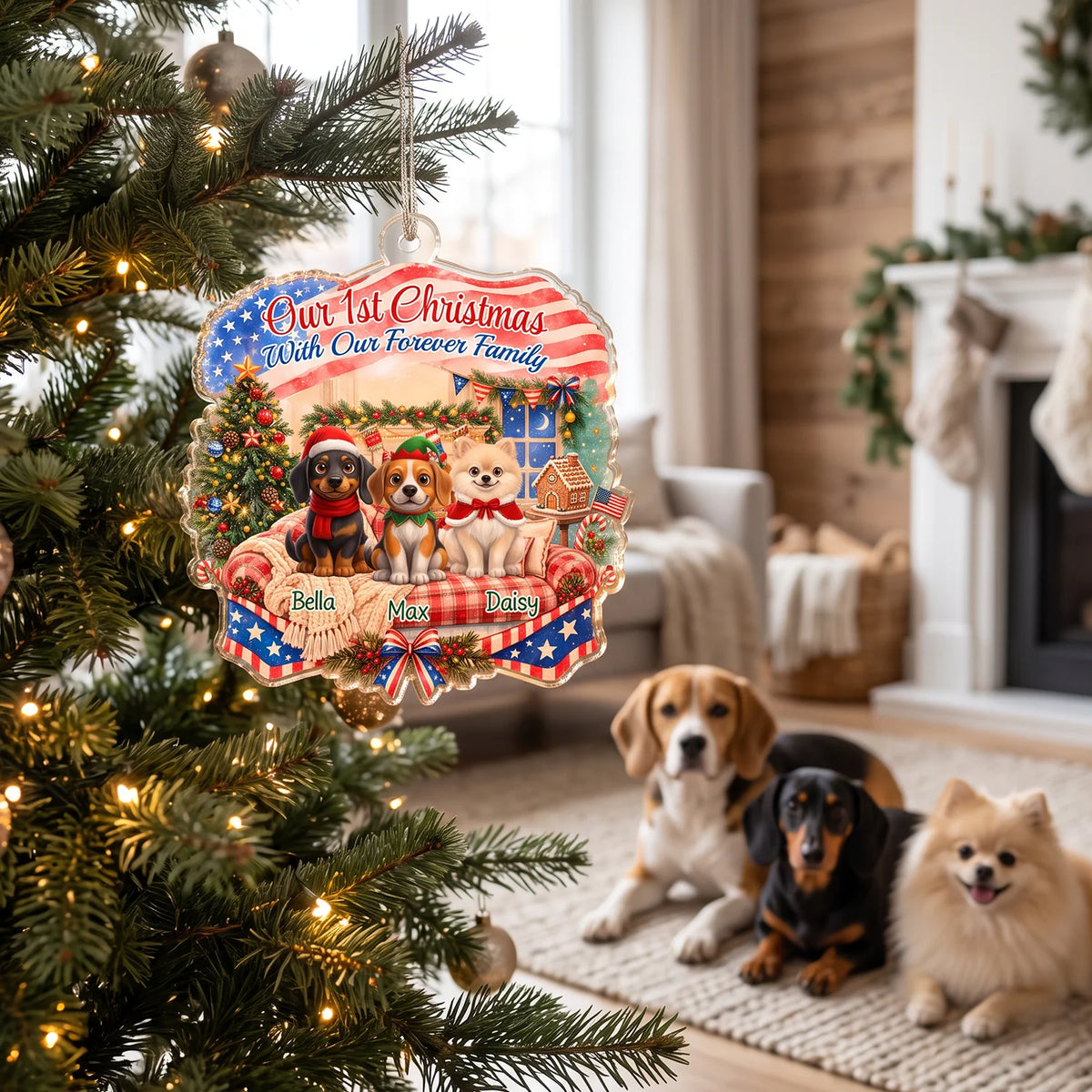 Ornament "Our 1st Christmas With Our Forever Family" with three dogs named Bella, Max and Daisy on the Christmas tree