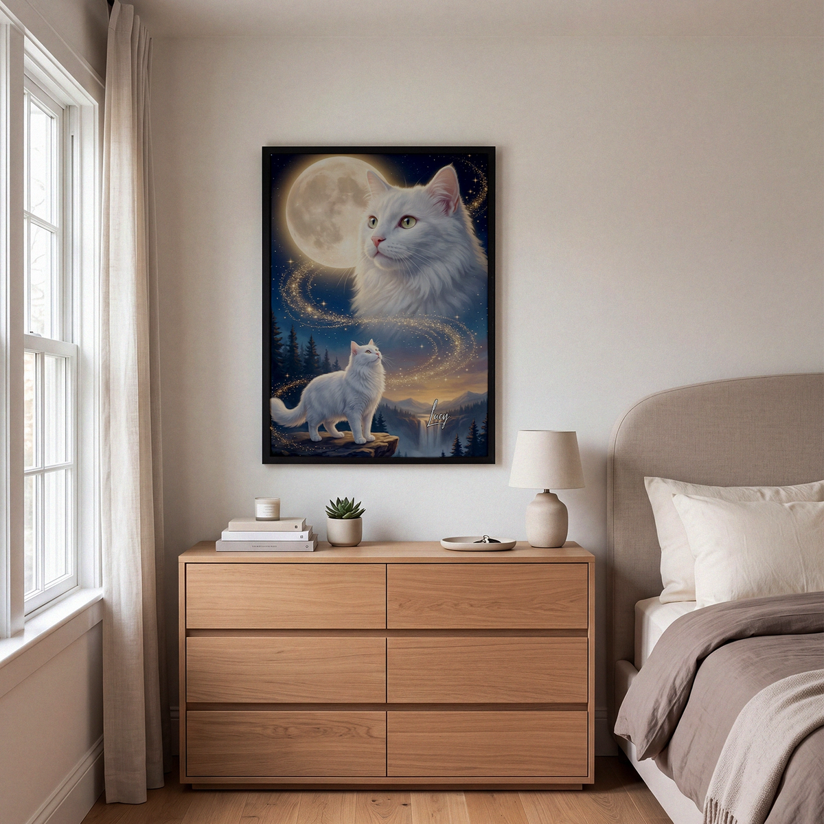 Howling Cat poster with a white cat hanging above a dresser in the bedroom