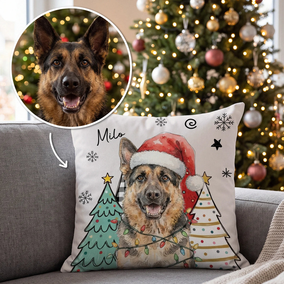Personalized Christmas pillow with your dog in watercolor style, Santa hat and name, as a gift for dog lovers, hey balu