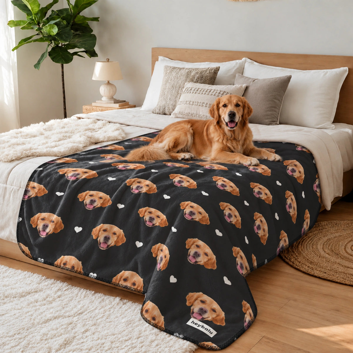 Golden Retriever lying on the bed on the black Pet Photo blanket