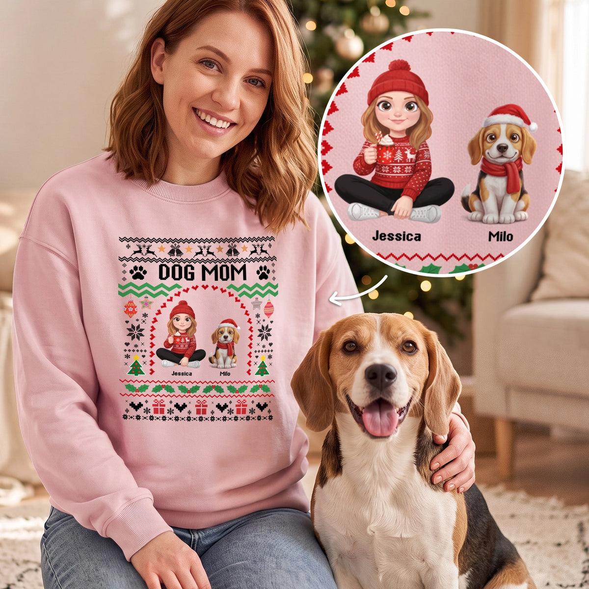 Personalized Christmas Sweater "Cartoon Dog" as a gift for dog lovers: pink Dog Mom sweater with cartoon woman and beagle in knit look, hey balu