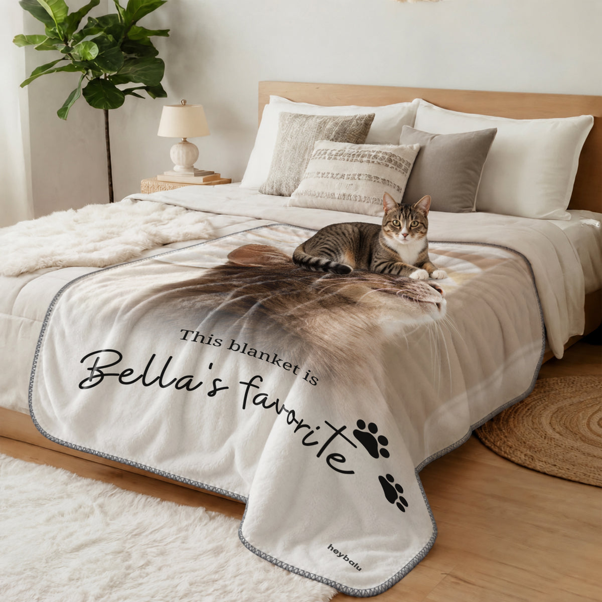 Cat resting on the photo blanket "This blanket is Bella's favorite" on a bed