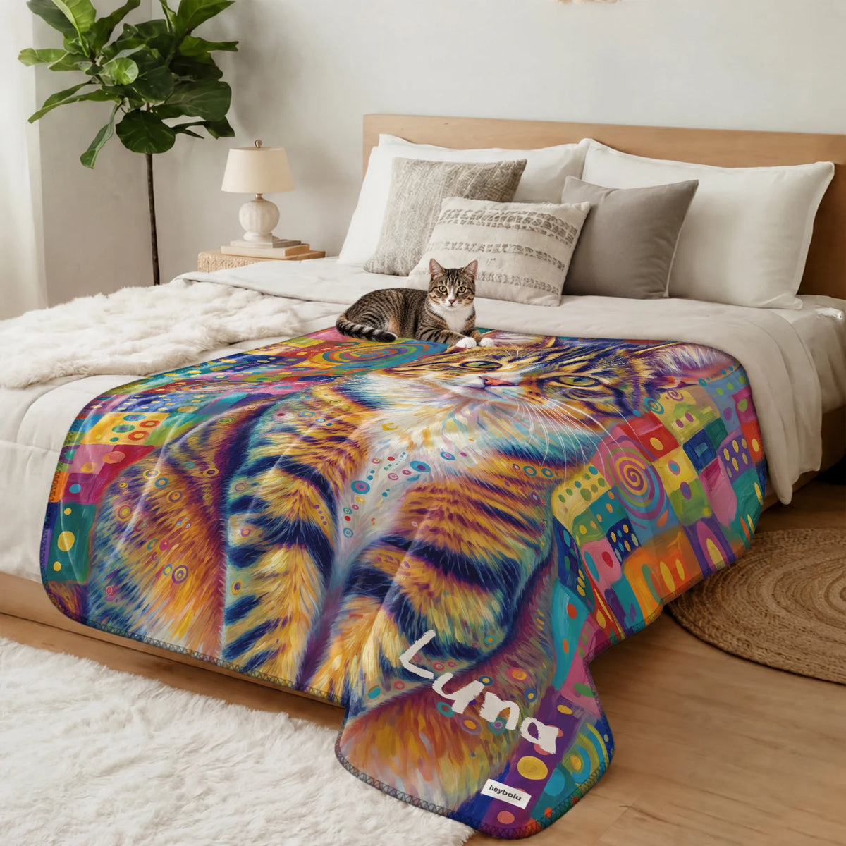 Tabby cat lies on the Graffiti Cat blanket spread across the bed