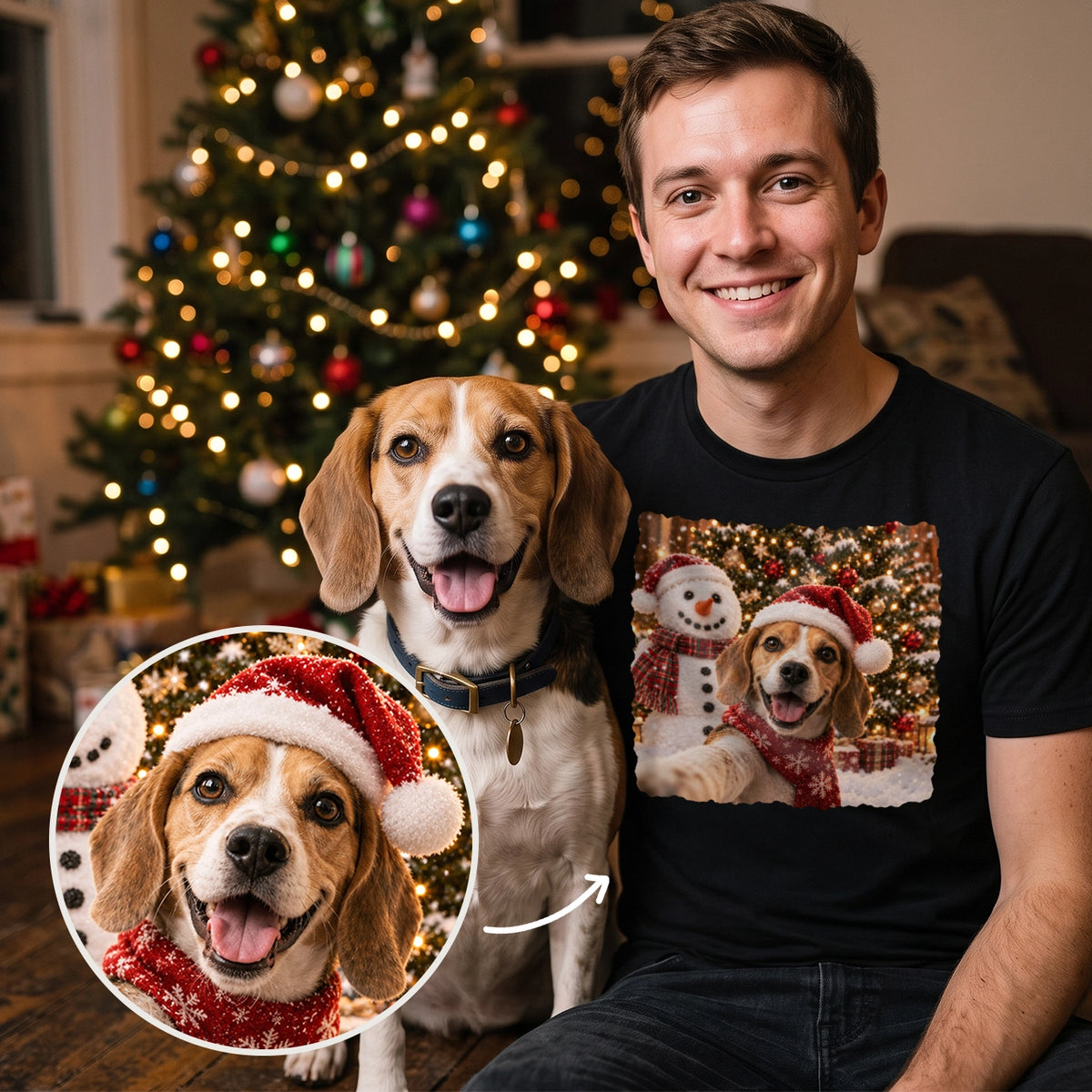 Custom T-Shirt "Christmas Scene" with Pet Photo as a gift for dog lovers: pet in Santa hat next to a snowman – hey balu