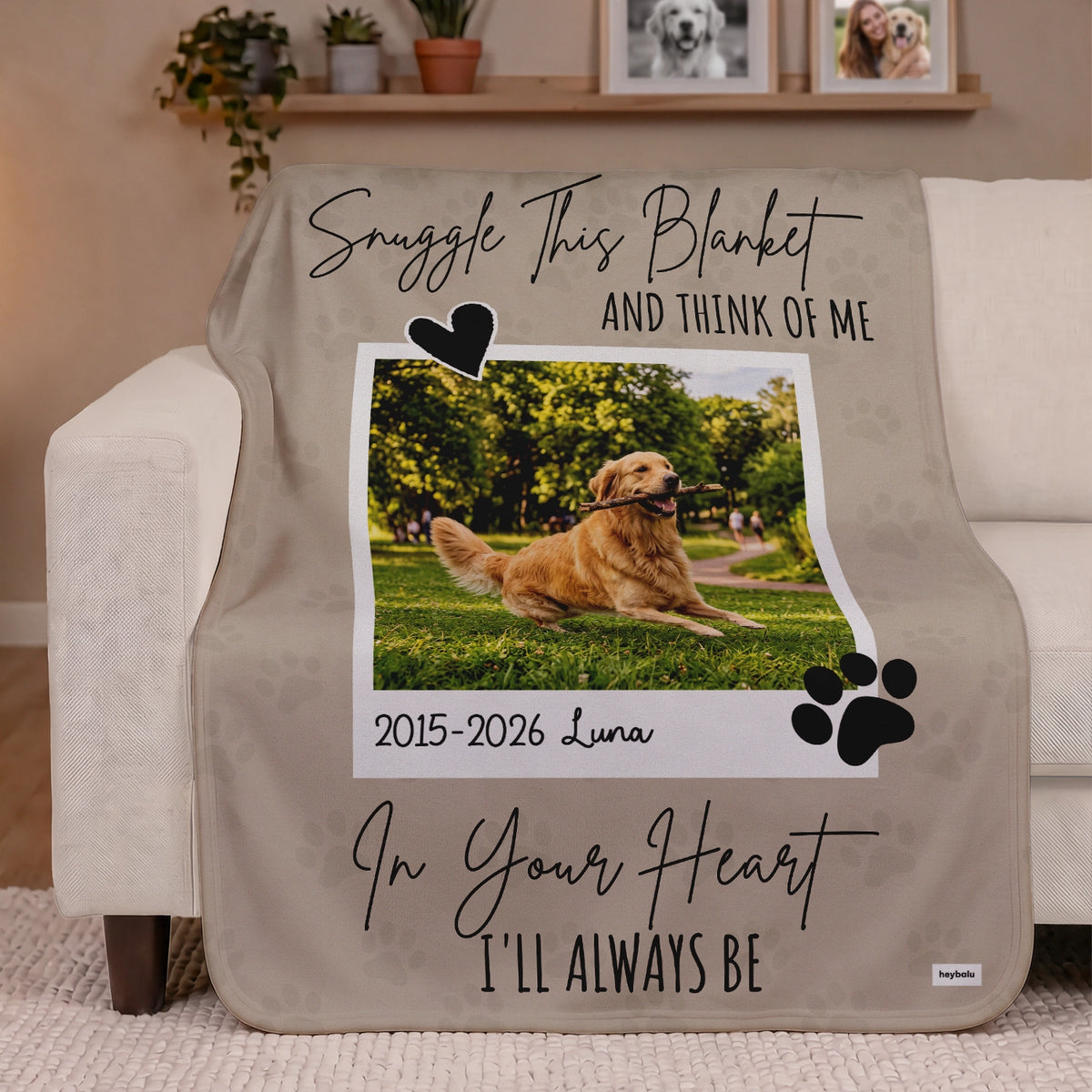 Personalized Blanket "Dog Memorial" as a keepsake for dog owners: golden retriever photo with name and years under "Snuggle this blanket and think of me", hey balu
