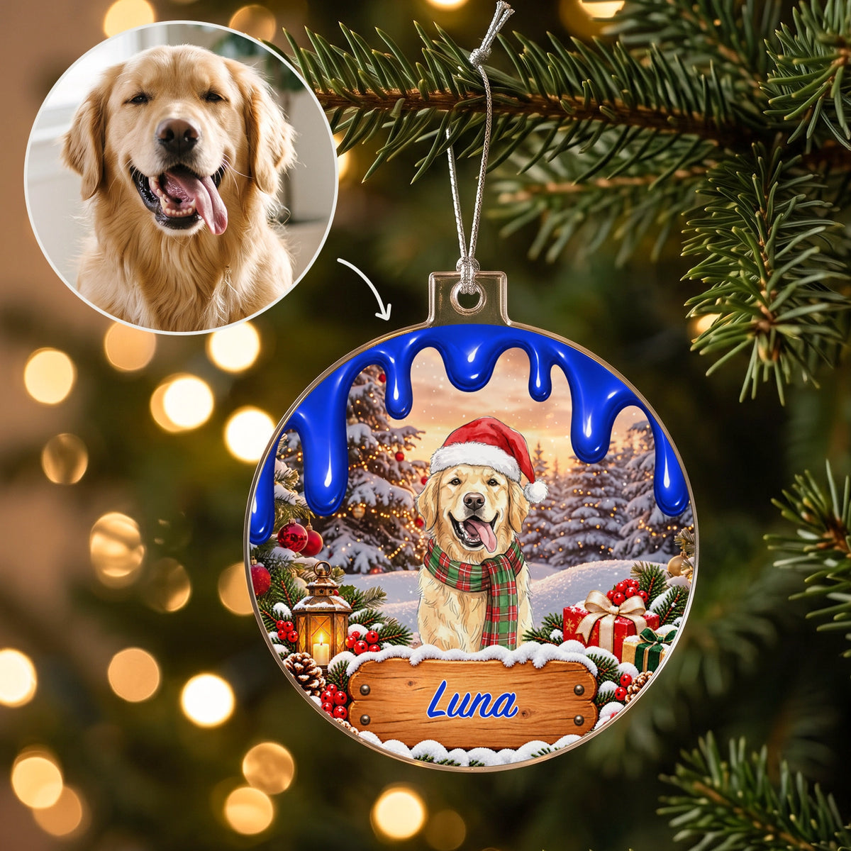 Personalized Christmas ornament "My Merry Paws" with a golden retriever from a photo in a Santa hat and plaid scarf, blue frosting and the name Luna, hey balu