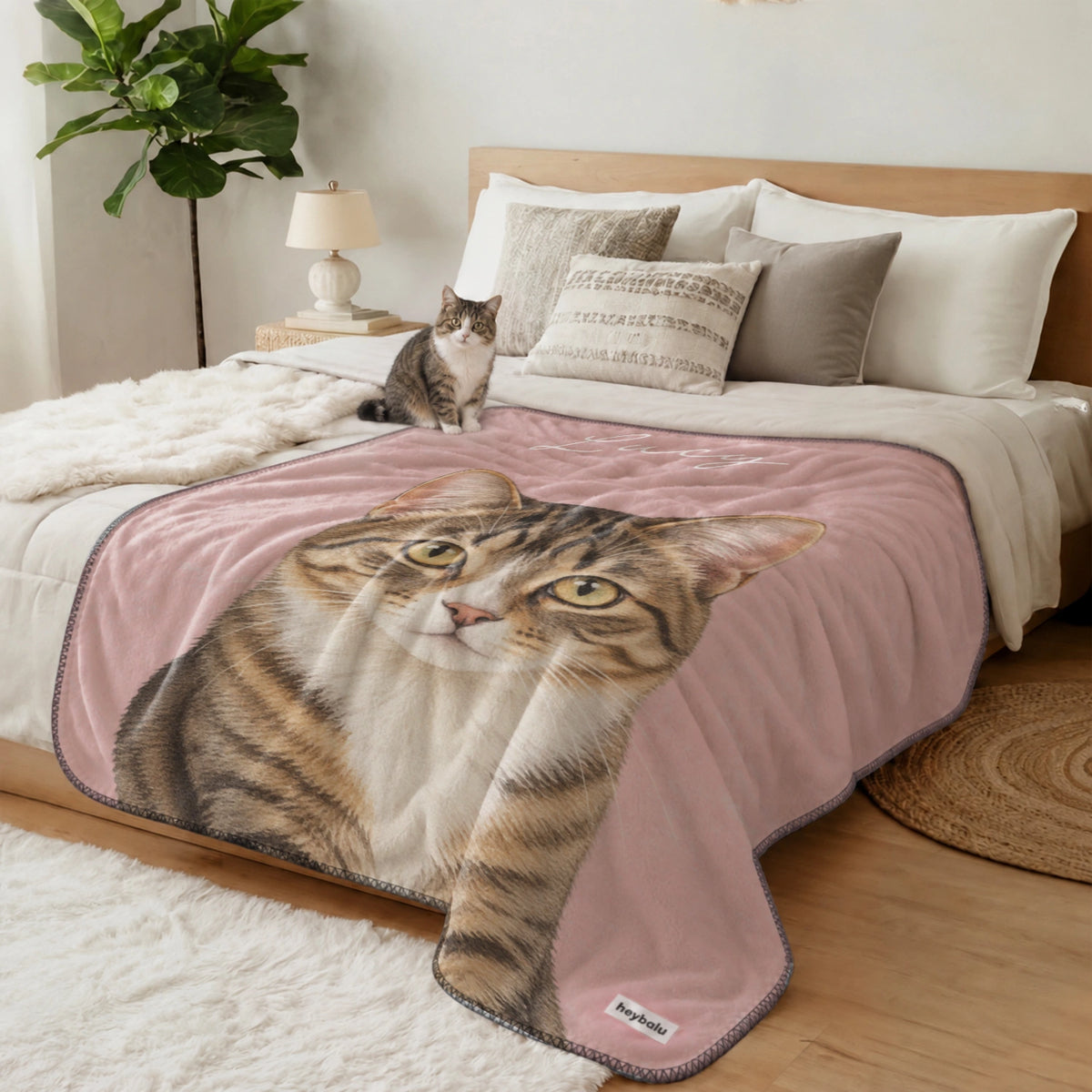 Tabby cat sits on the bed next to the pink cat portrait blanket