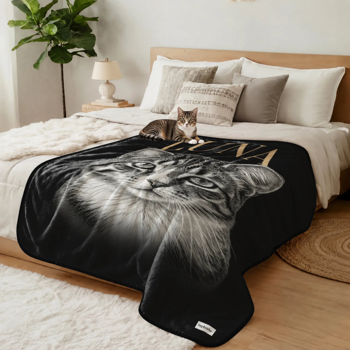 Tabby cat lies on the black Retro Cat blanket spread over the bed