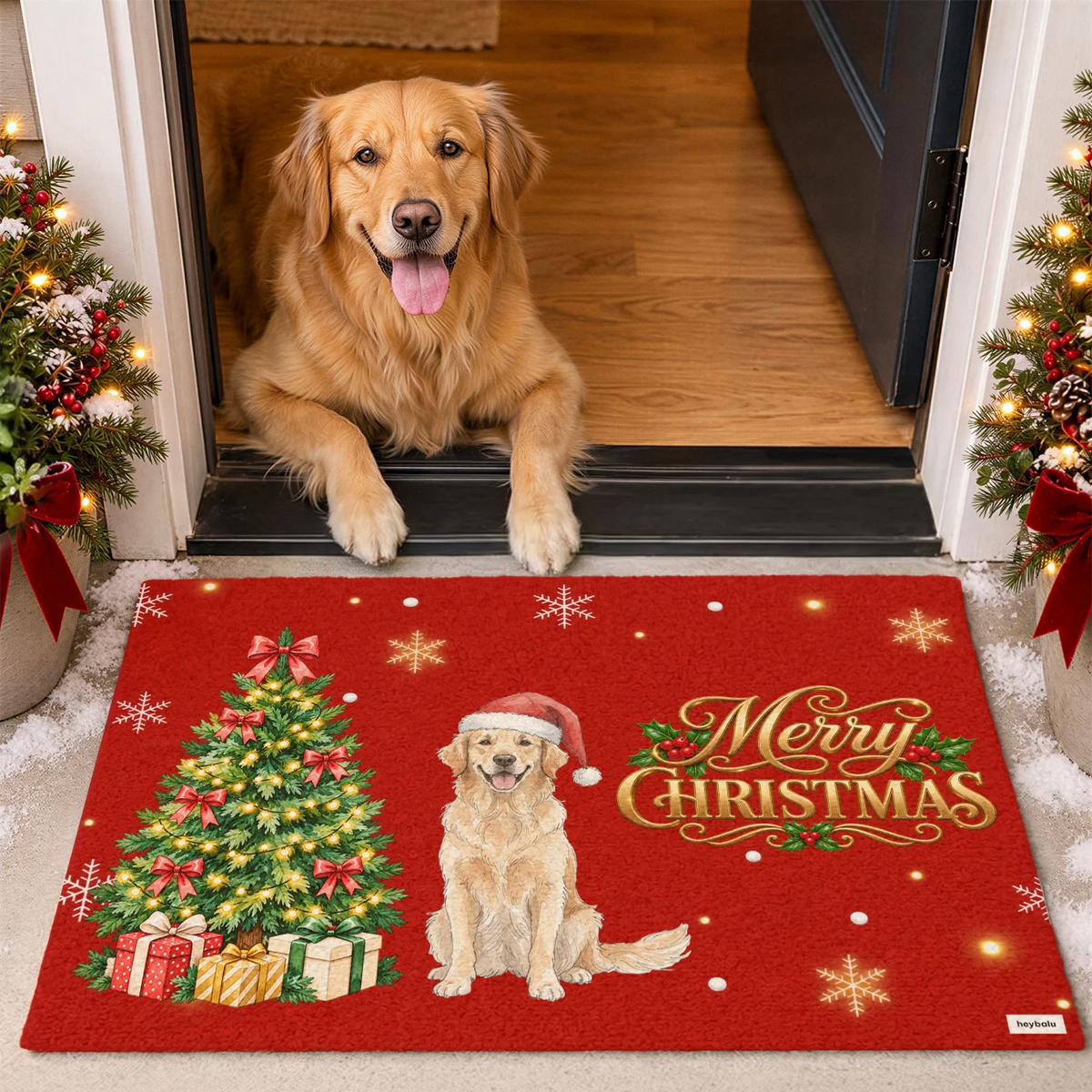 Personalized Christmas doormat "Pet Photo Christmas" as a gift for dog owners: golden retriever illustration with Santa hat, Christmas tree and Merry Christmas lettering, hey balu