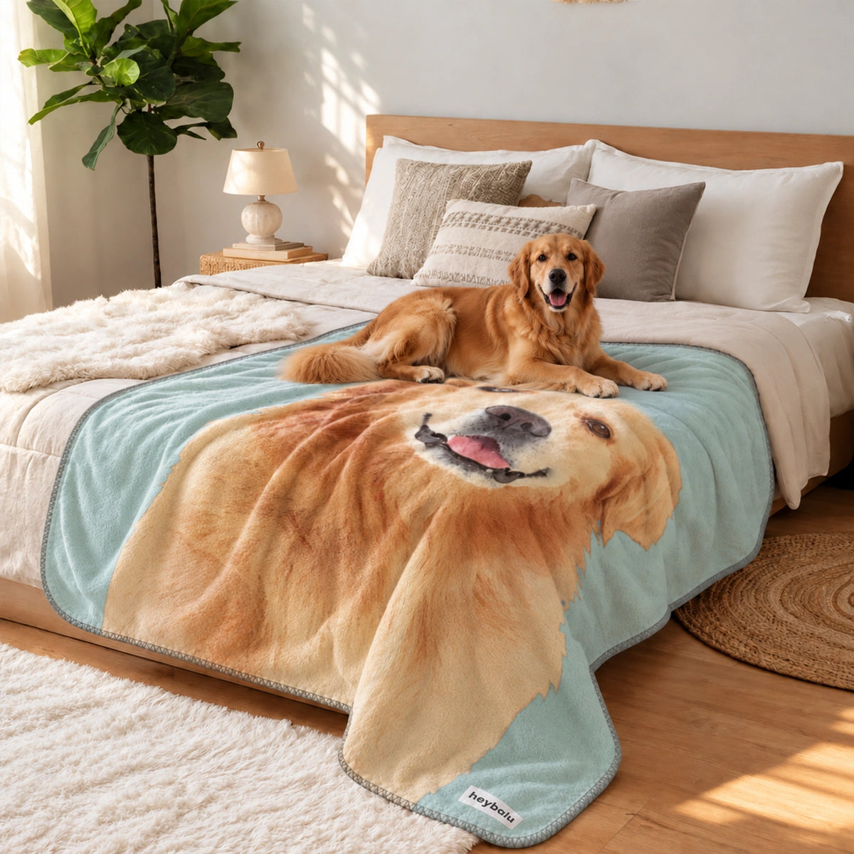Golden retriever lies on the bed on its own Portrait blanket