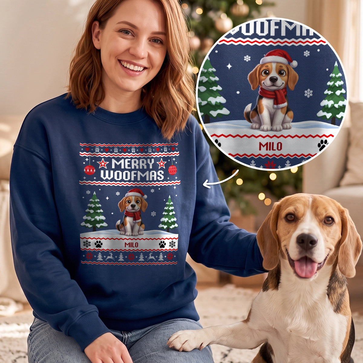 Personalized Christmas Sweater "Merry Woofmas" as a gift for dog lovers: navy ugly Christmas sweater with your dog as a cartoon in a Santa hat and its name, hey balu
