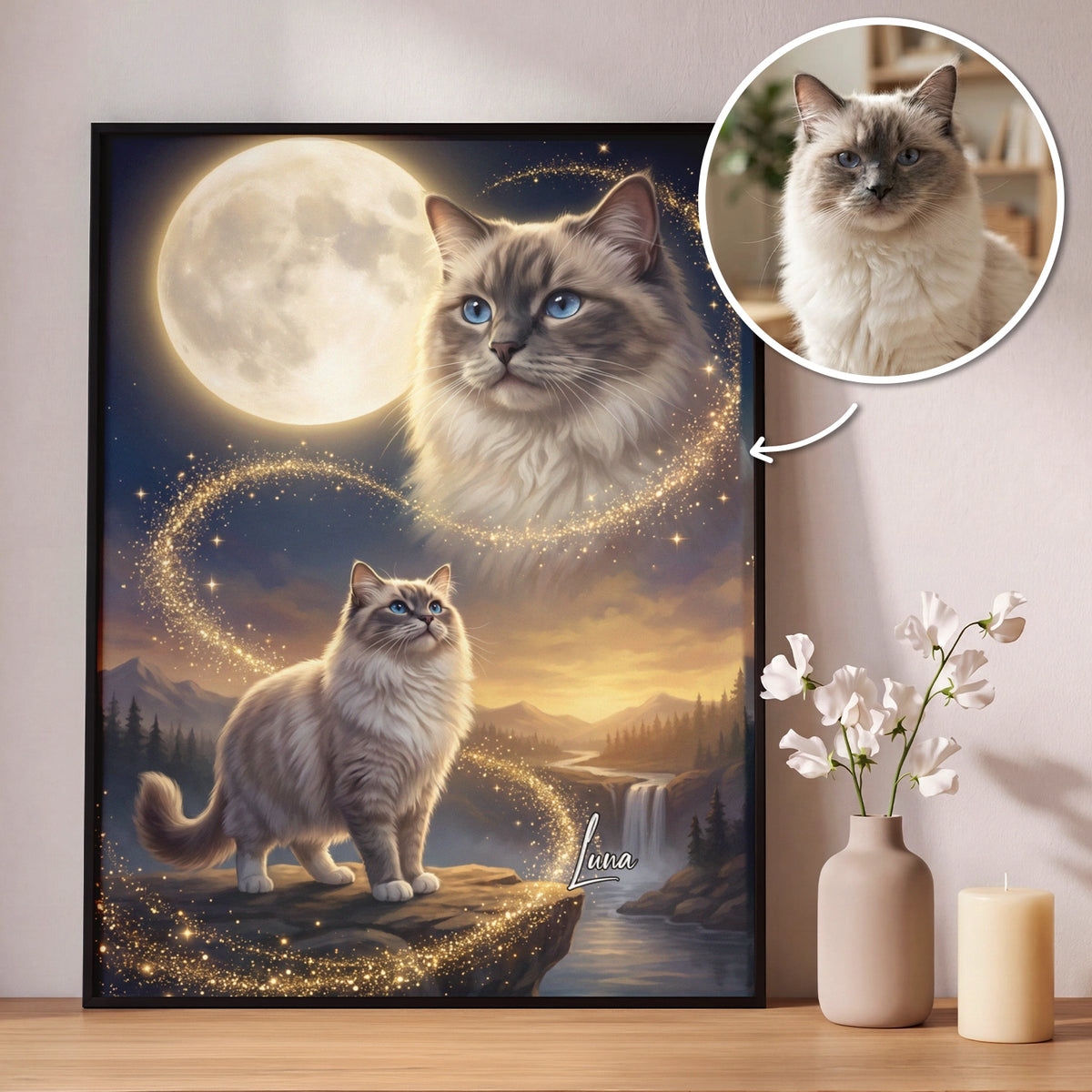 Personalized Poster "Howling Cat" as a gift for cat lovers: cat from your photo under a glowing full moon with name – hey balu