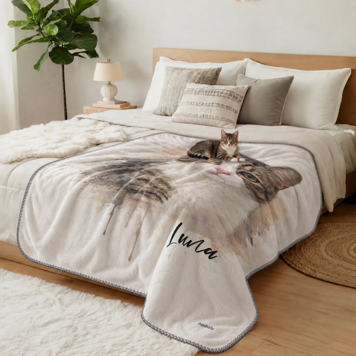 Tabby cat lies on the Watercolor Cat blanket spread across the bed