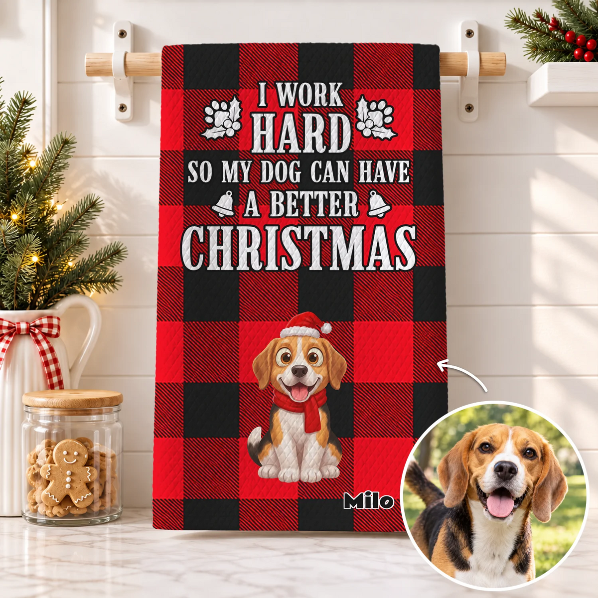Personalized Kitchen Towel "Christmas Dog" as a gift for dog lovers: beagle illustration in a Santa hat on red buffalo plaid with name – hey balu