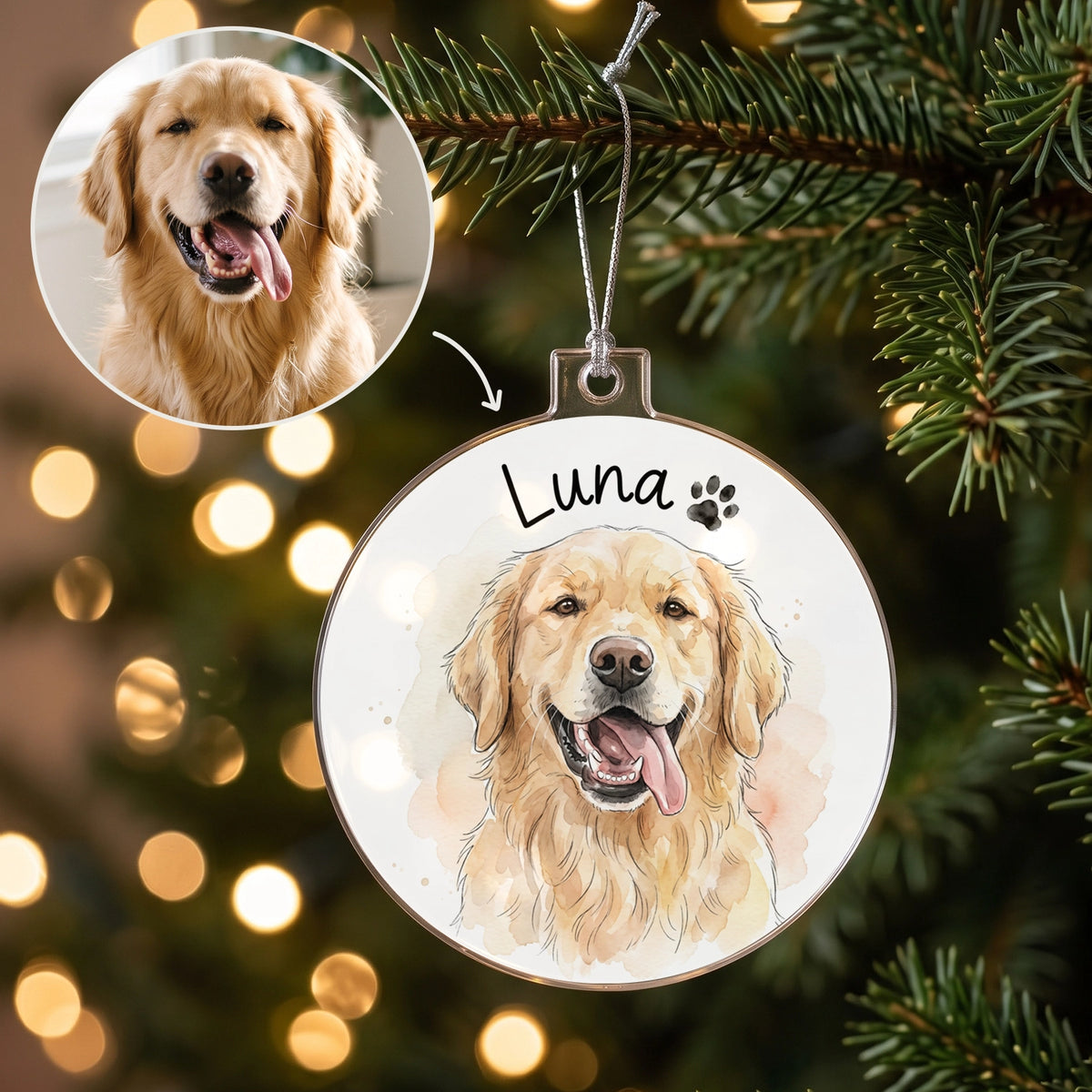 Personalized Christmas ornament "Watercolor Pet" as a gift for dog lovers: golden retriever from a photo as a watercolor portrait with the name Luna and a paw print, hey balu