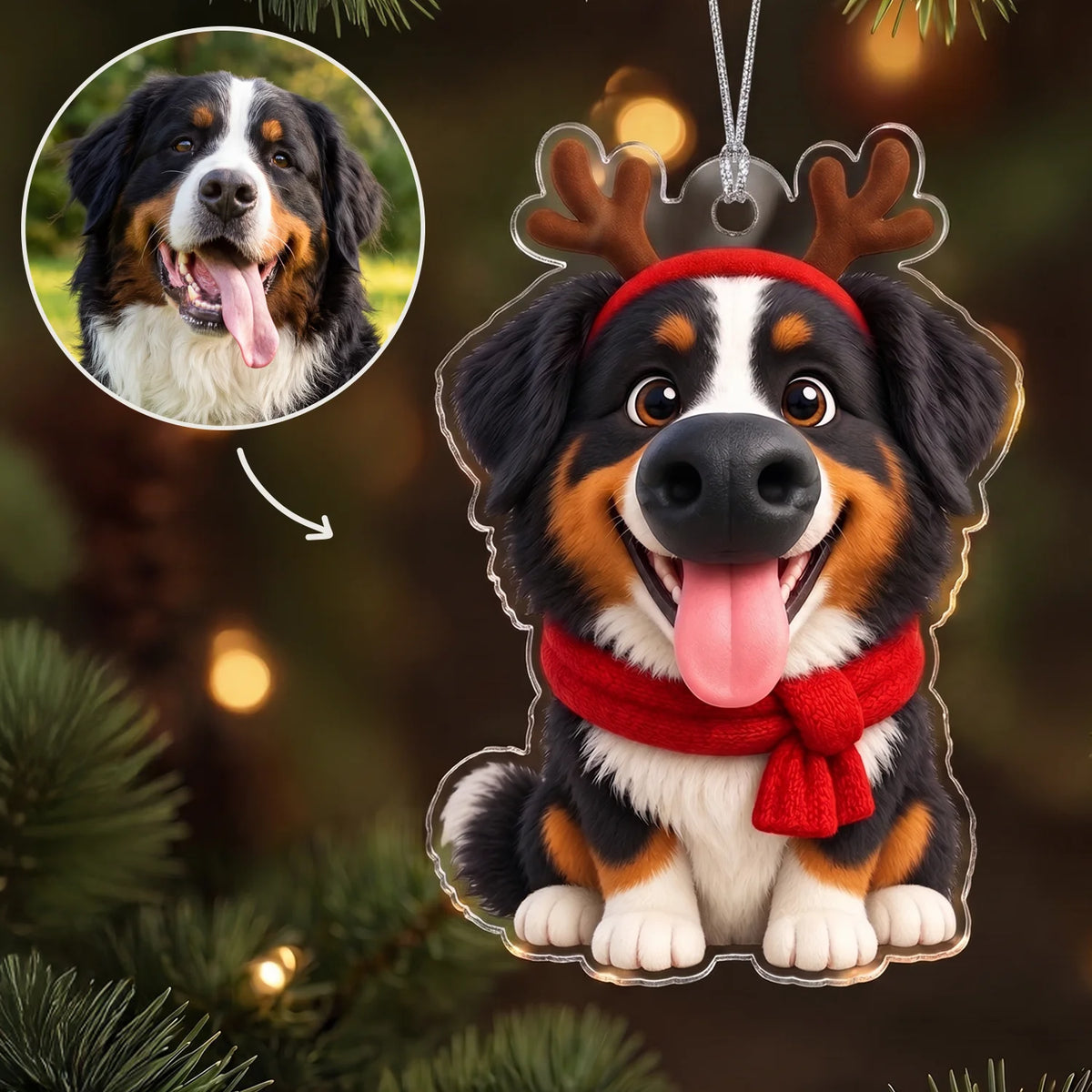Personalized Christmas ornament "Squishy Nose" as a gift for pet lovers: Bernese Mountain Dog from a photo as a 3D cartoon with reindeer antlers, red scarf and big black nose, hey balu