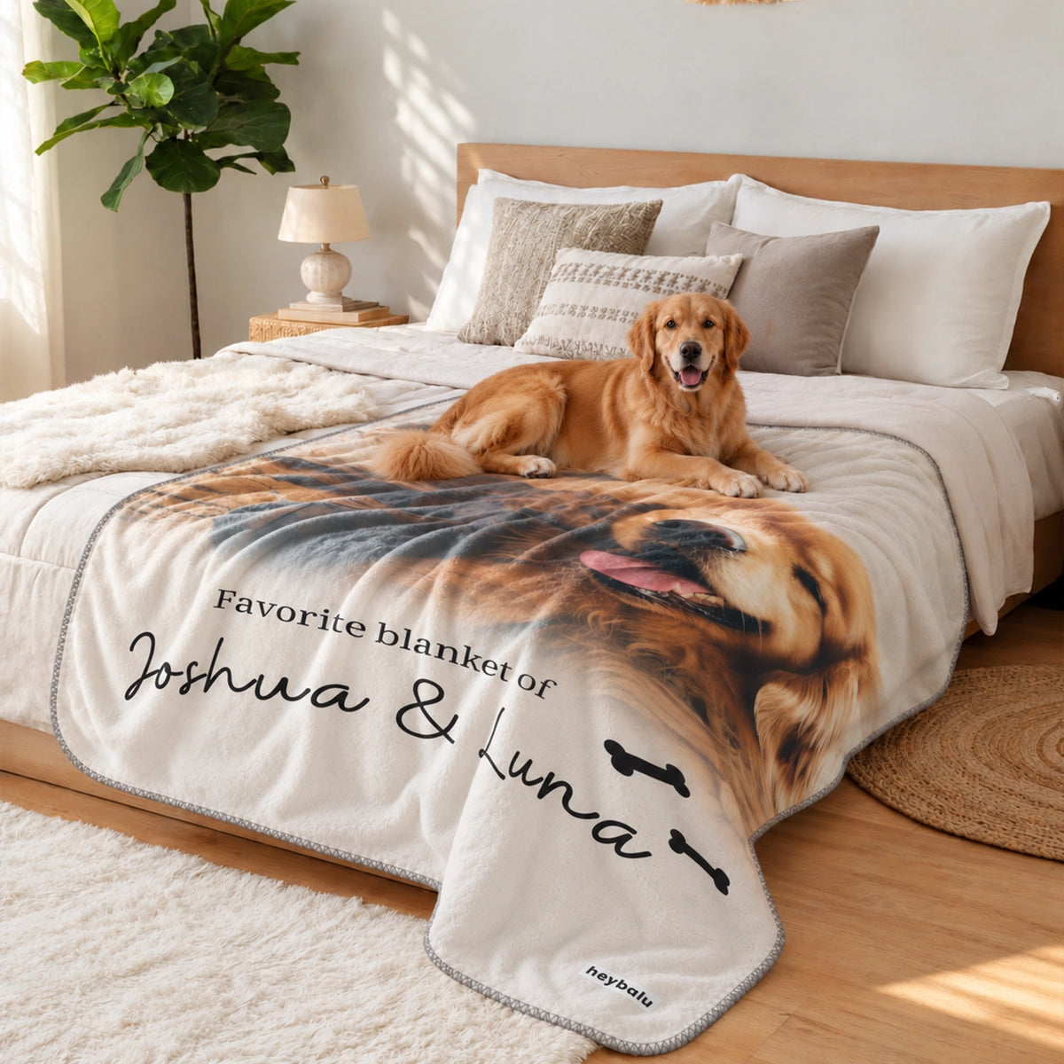 Golden Retriever lying on the bed on the Pet Photo & Text blanket with names