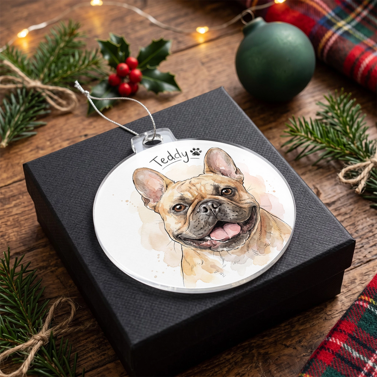 Watercolor pet ornament with a French Bulldog named Teddy on a black gift box