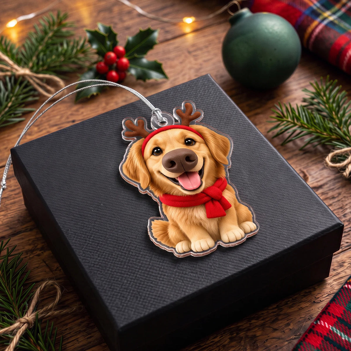 Golden retriever cartoon ornament with reindeer antlers and a red scarf on a black gift box