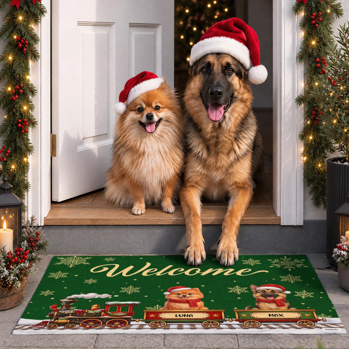 Personalized Doormat "Christmas Train Dog"