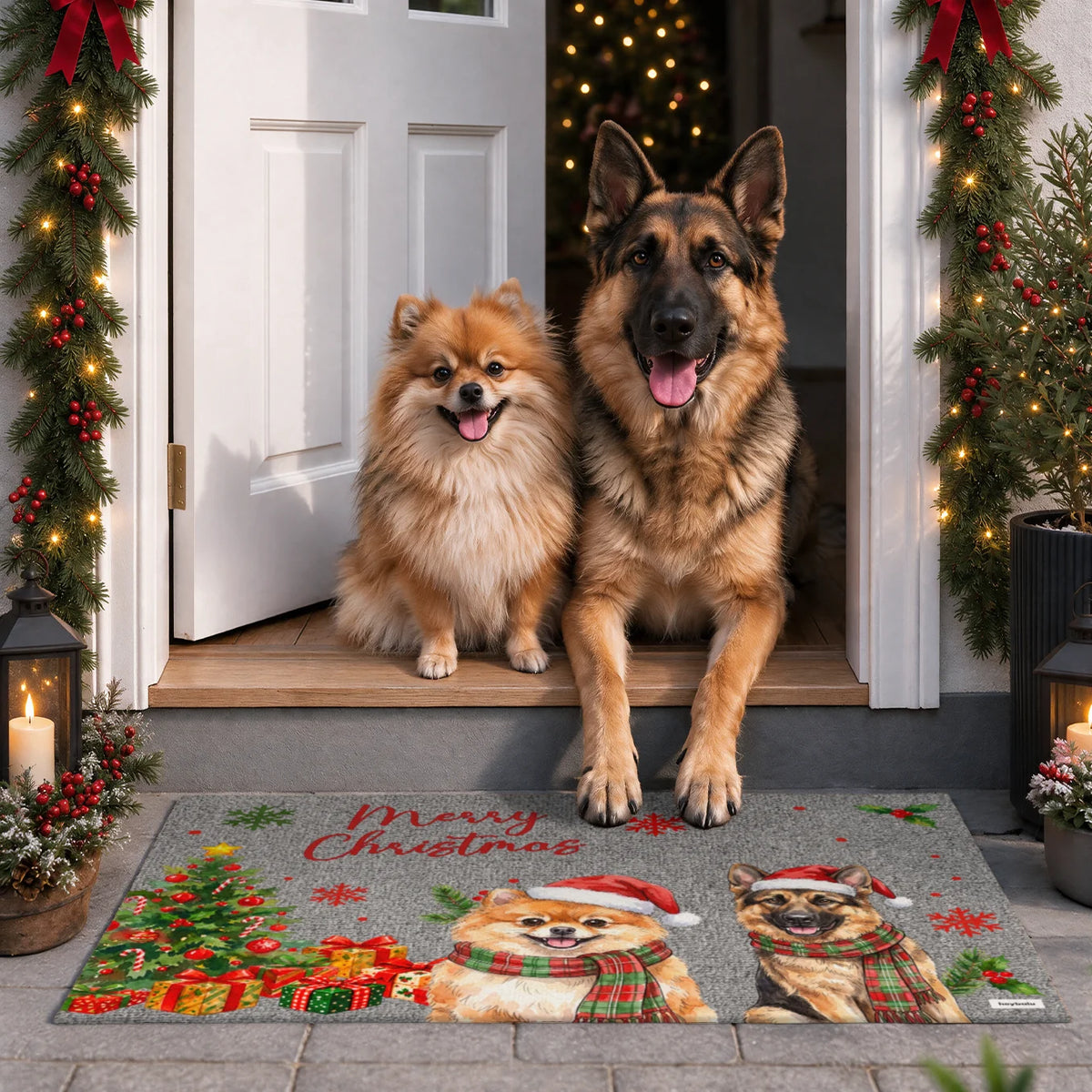 Pomeranian and German Shepherd at a decorated front door behind the gray Christmas doormat with their illustrations