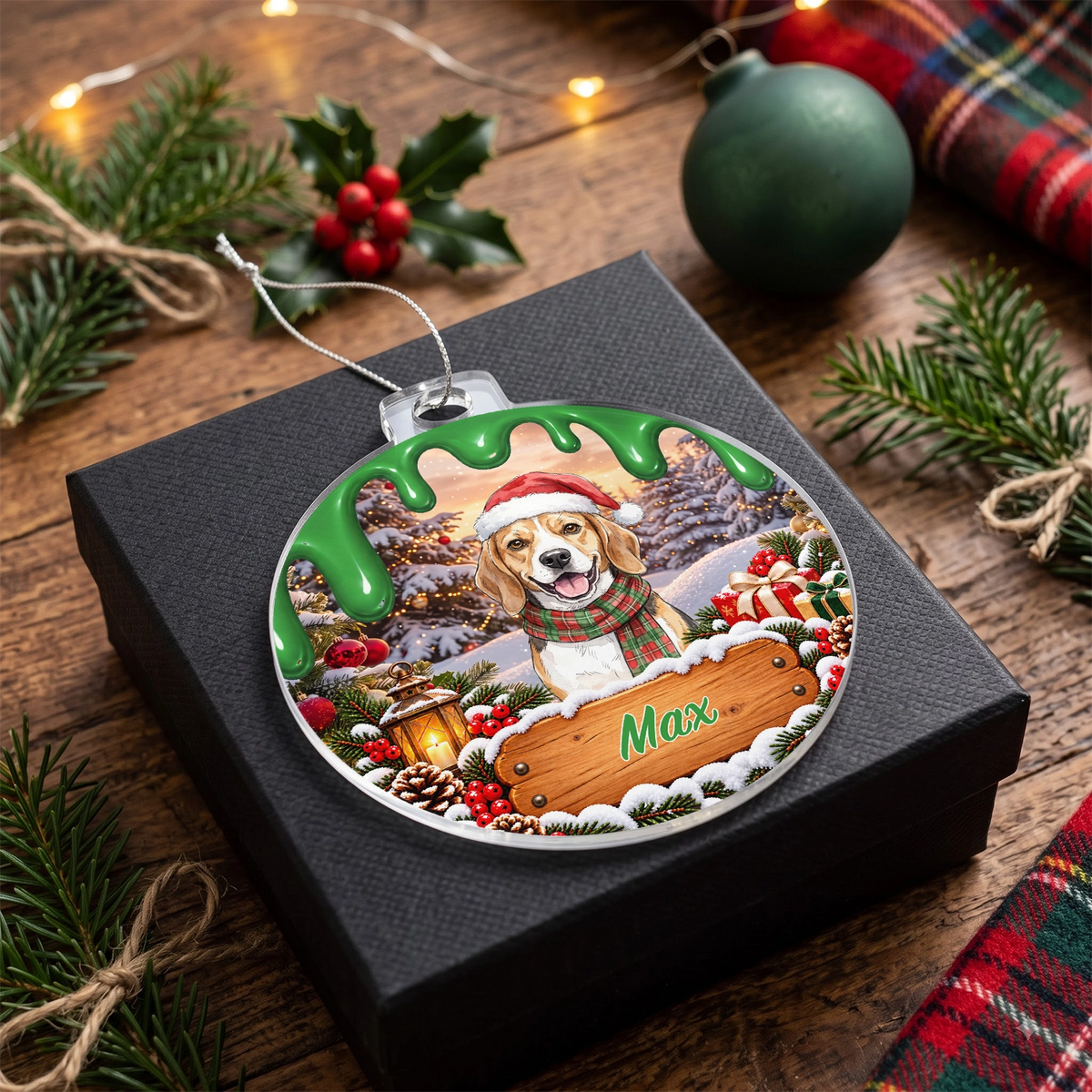 Green bulb ornament with a beagle in a Santa hat and the name Max on a gift box