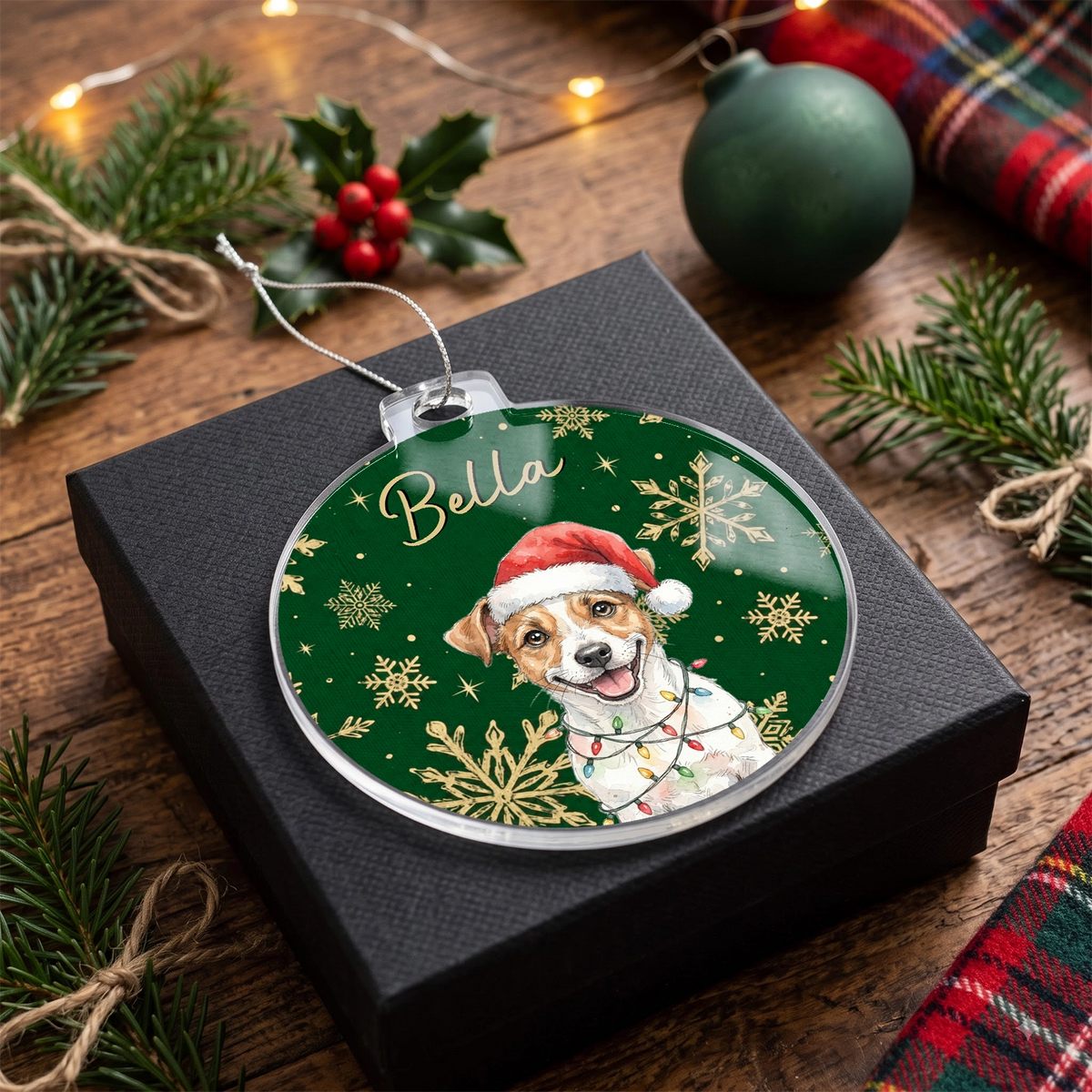 Pet photo ornament with a Jack Russell Terrier and the name Bella on green, placed on a black gift box