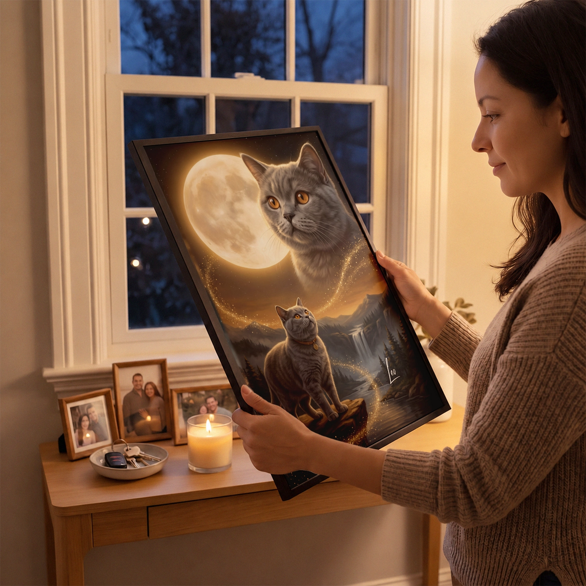 Woman holds the framed Howling Cat poster with a gray cat by the window