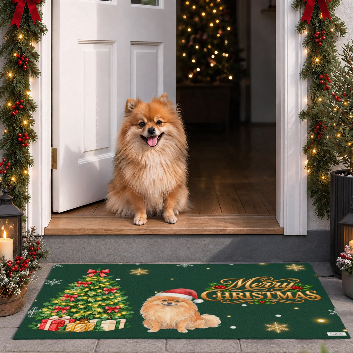 Green Christmas doormat with Pomeranian illustration in front of a decorated front door