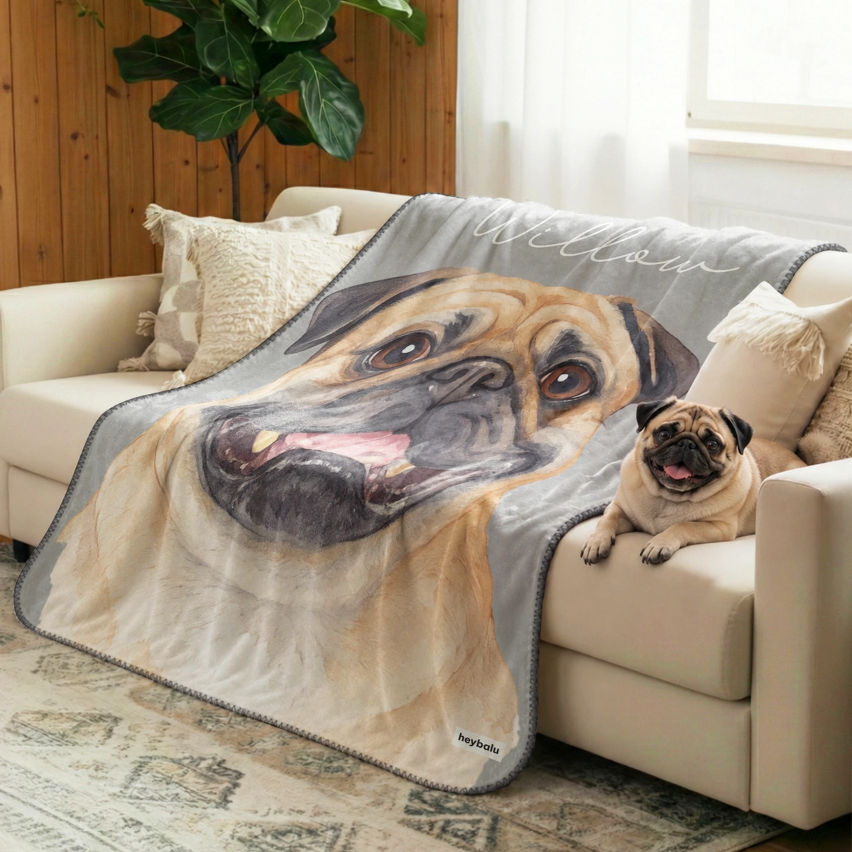 Pug sits on the sofa next to the Portrait blanket with its portrait