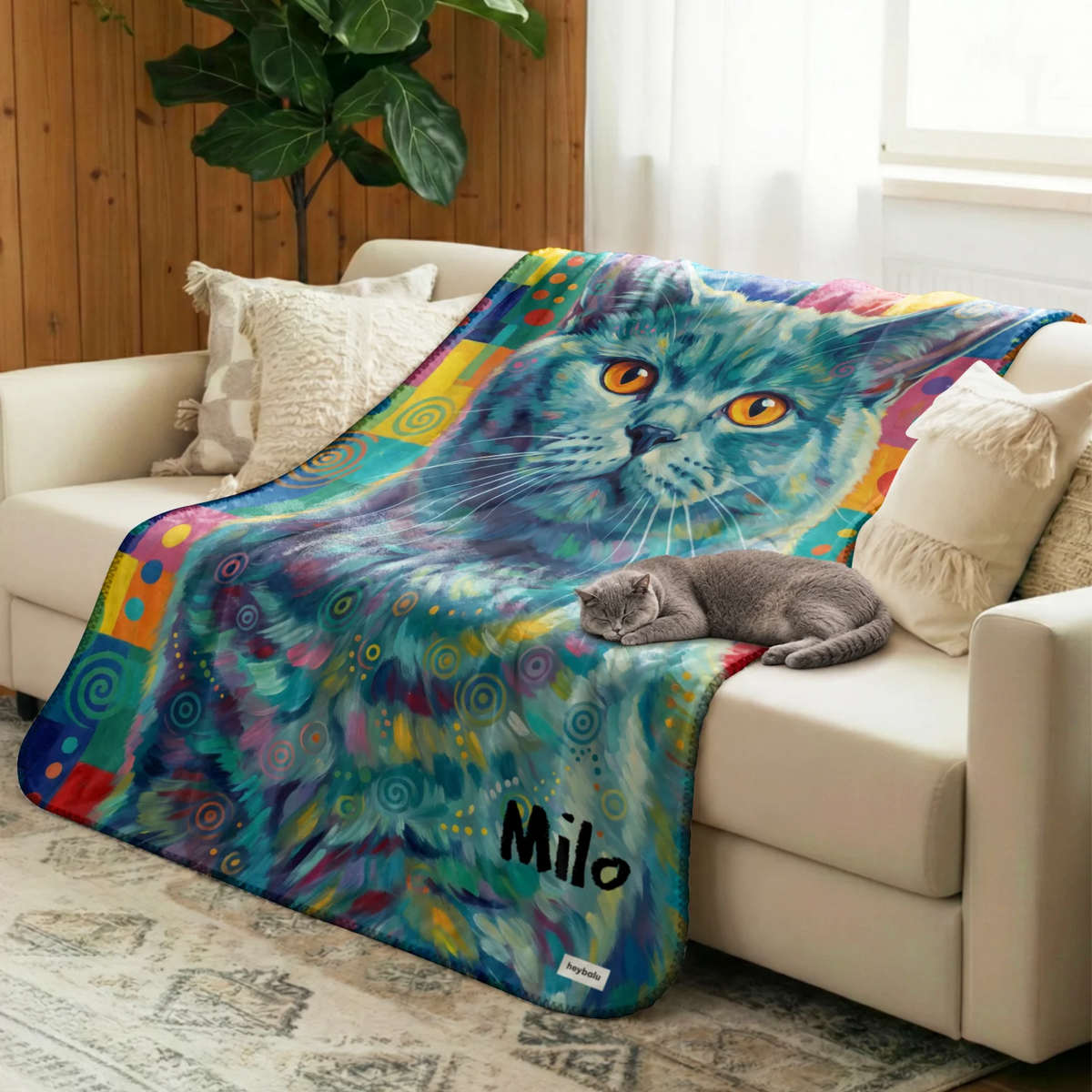 Graffiti Cat blanket with gray British Shorthair portrait draped over the sofa