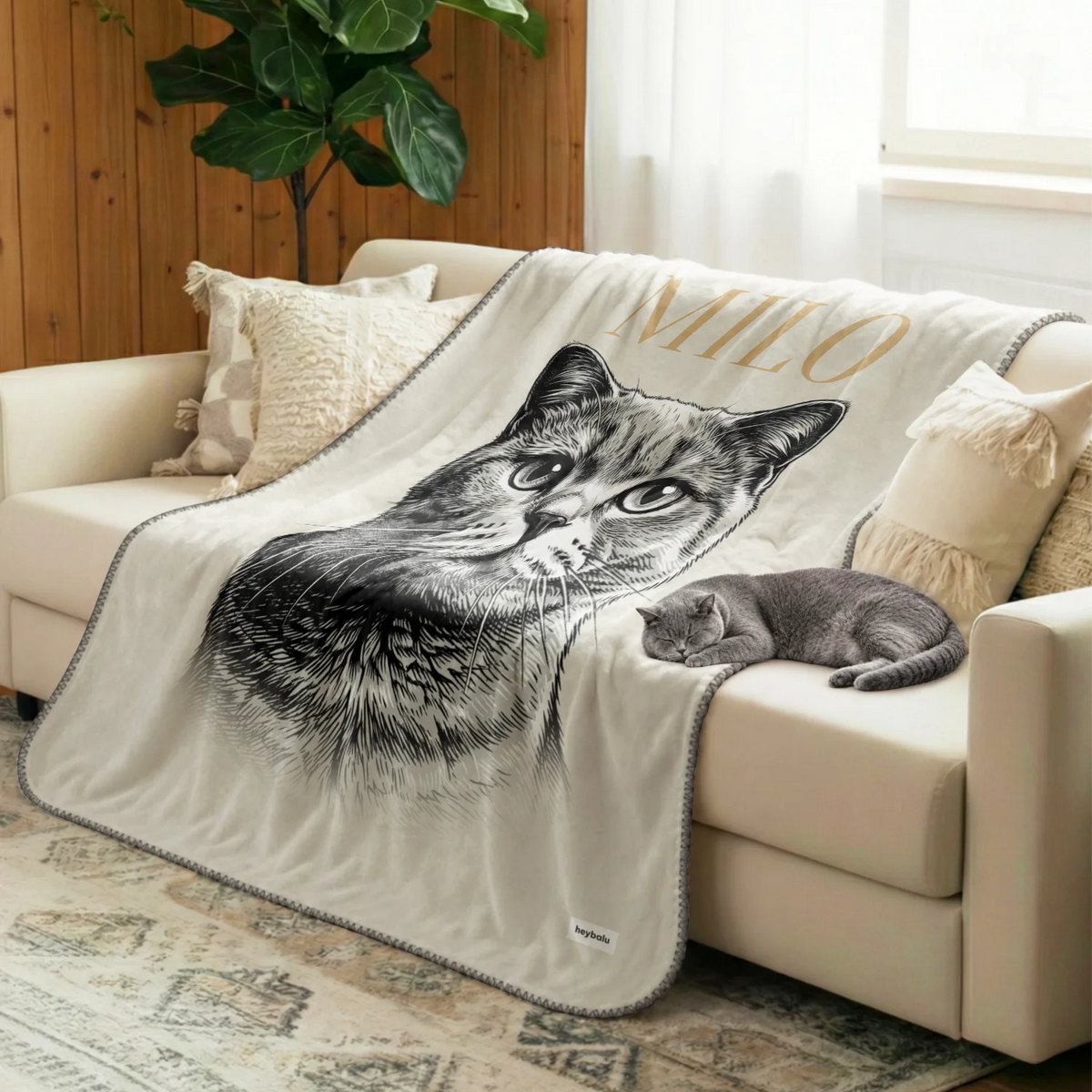 Cream Retro Cat blanket with cat drawing on the sofa, gray cat resting on it