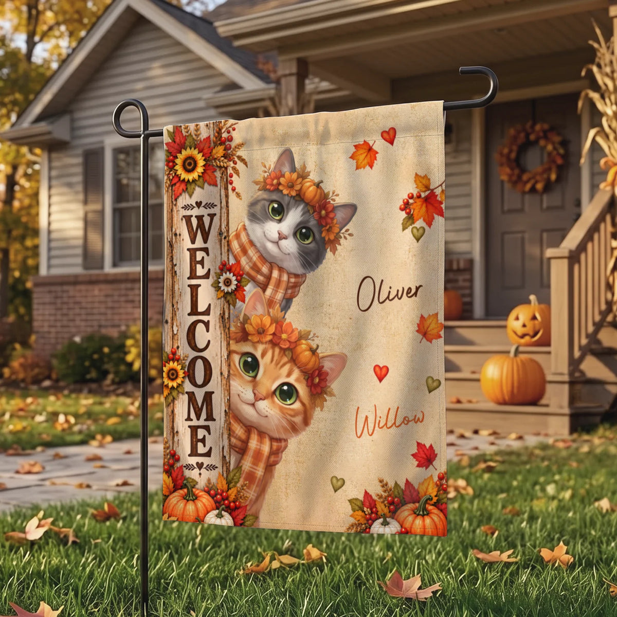 Personalized Flag "Fall Cat Welcome"