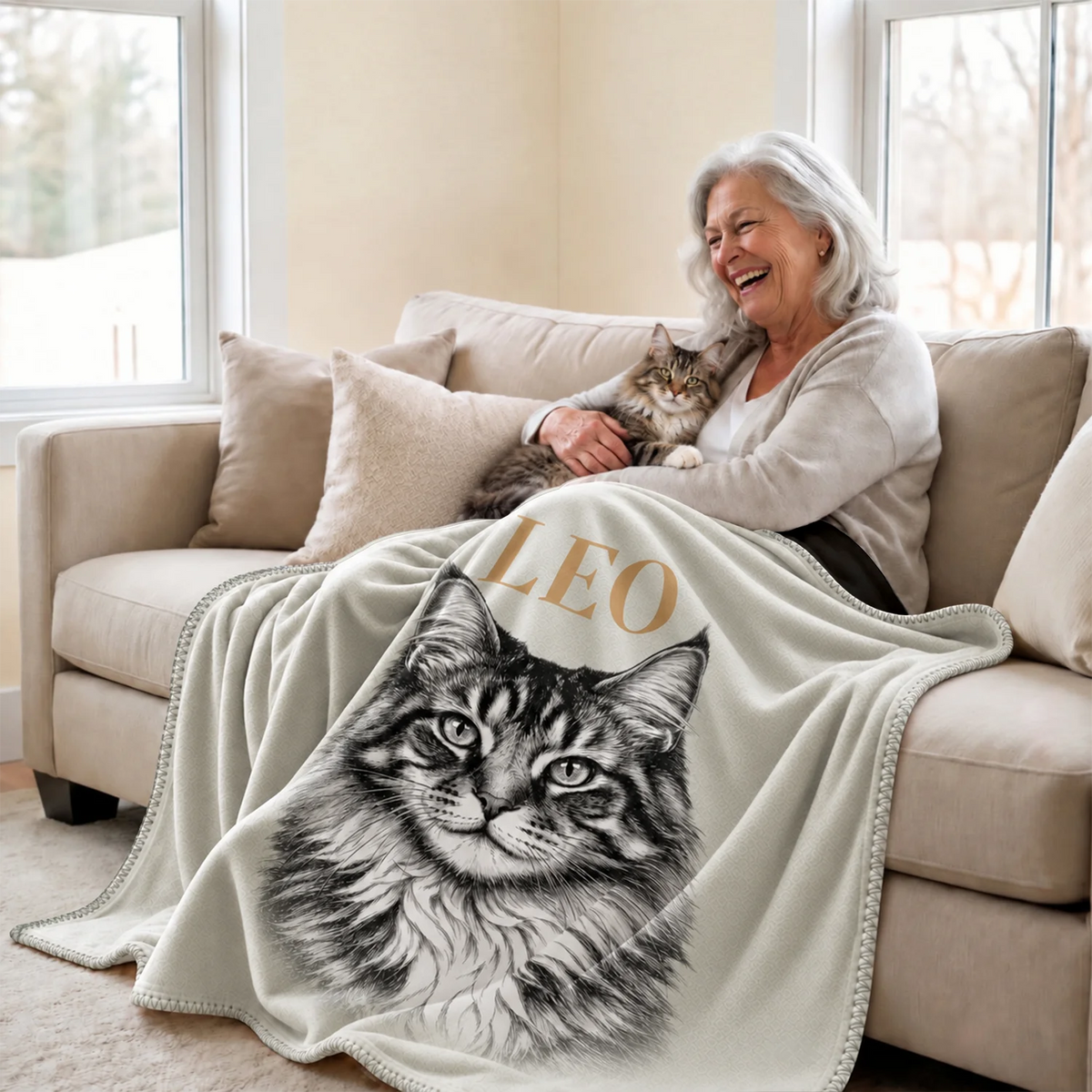 Smiling woman cuddles her cat under the cream Retro Cat blanket