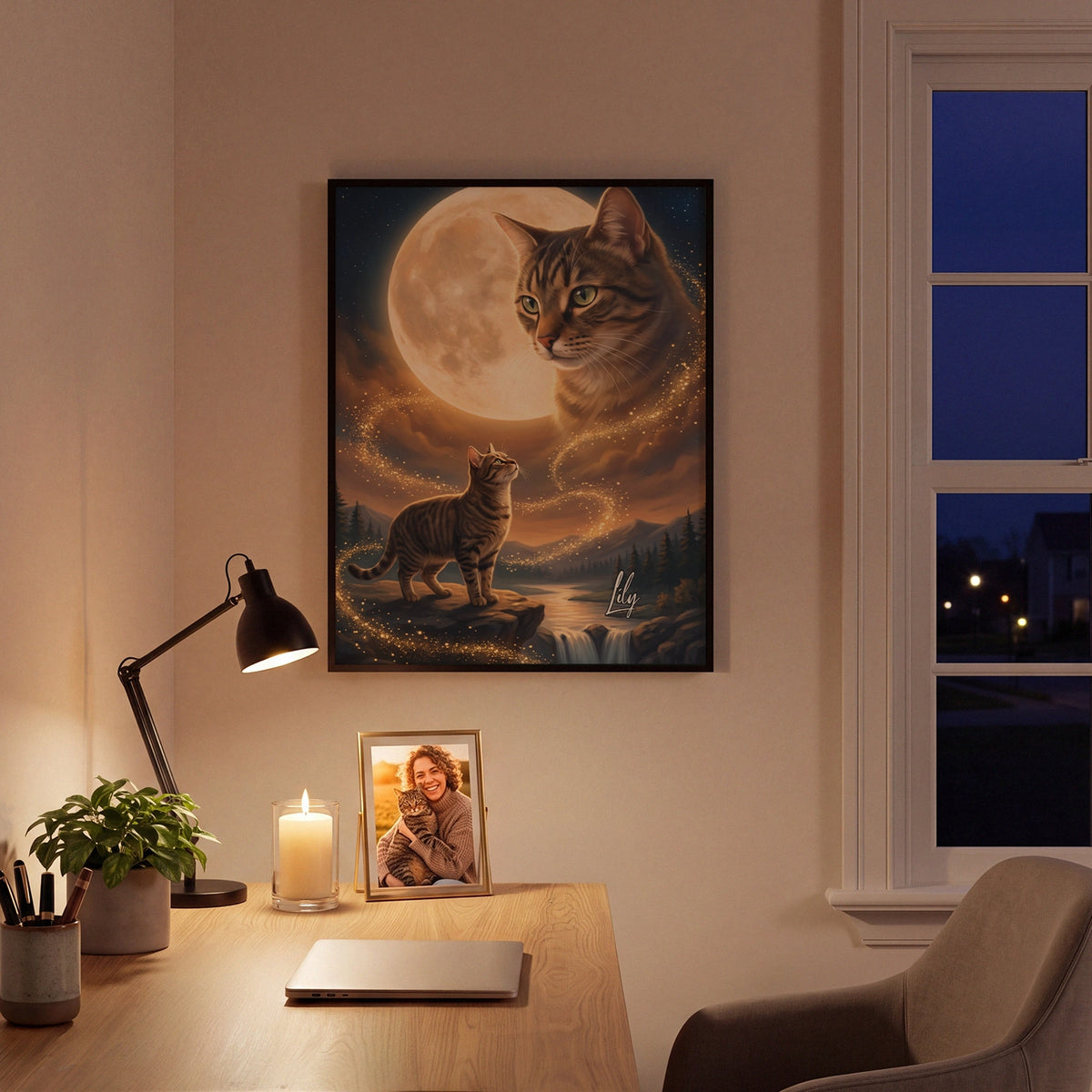 Howling Cat poster with tabby cat and full moon above a desk at night