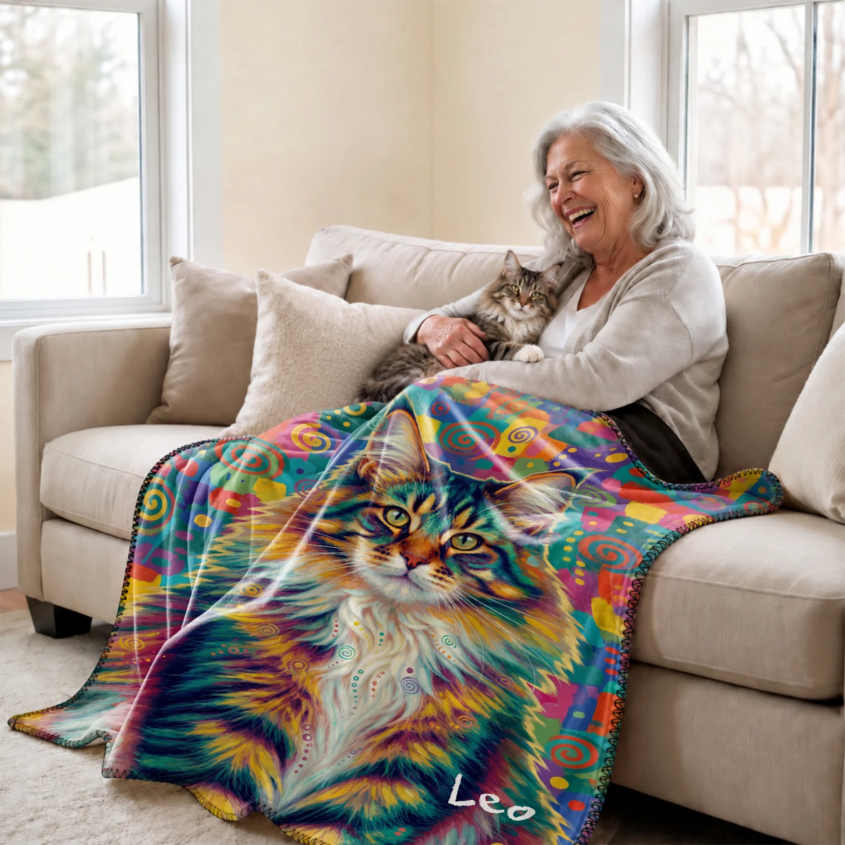 Smiling woman cuddles her cat under the Graffiti Cat blanket on the couch