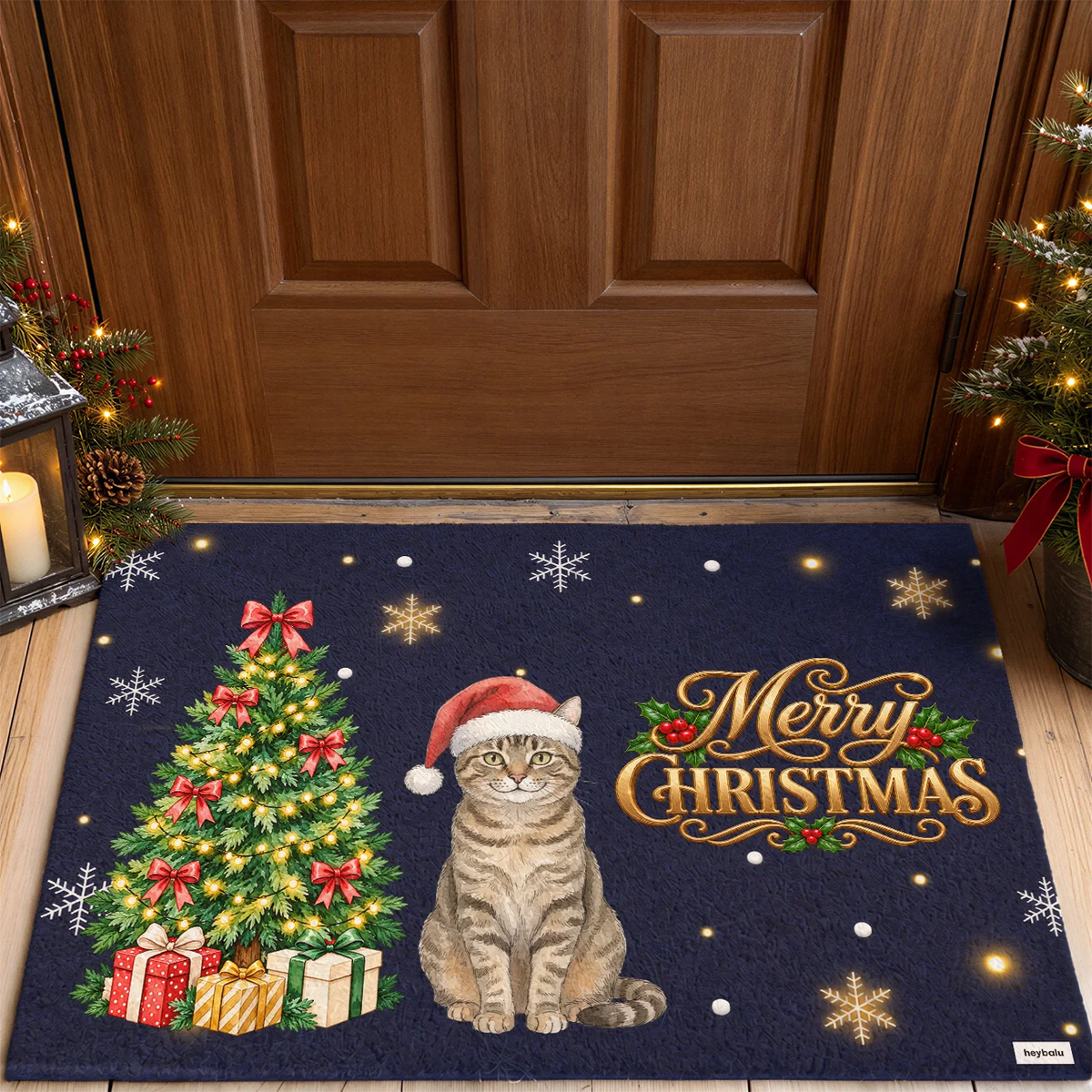 Navy blue Christmas doormat with tabby cat illustration in a Santa hat at the front door